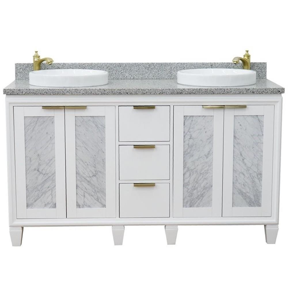 Pemberly Row 61″ Double Round Sink Solid Wood Vanity in White/Gray Granite Stone