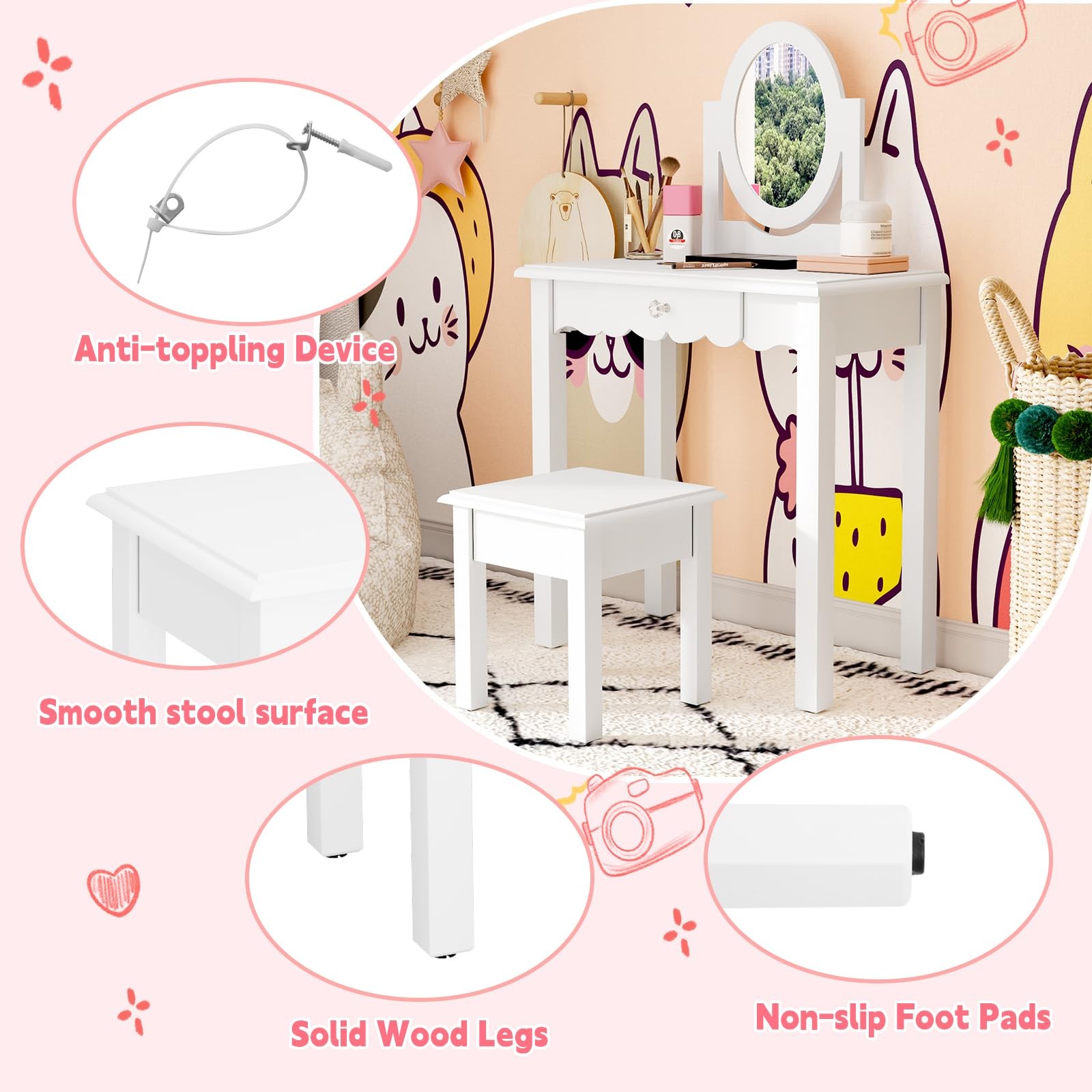 Kids Vanity Set Mirror Stool Wooden Makeup Desk Detachable Top Drawer White