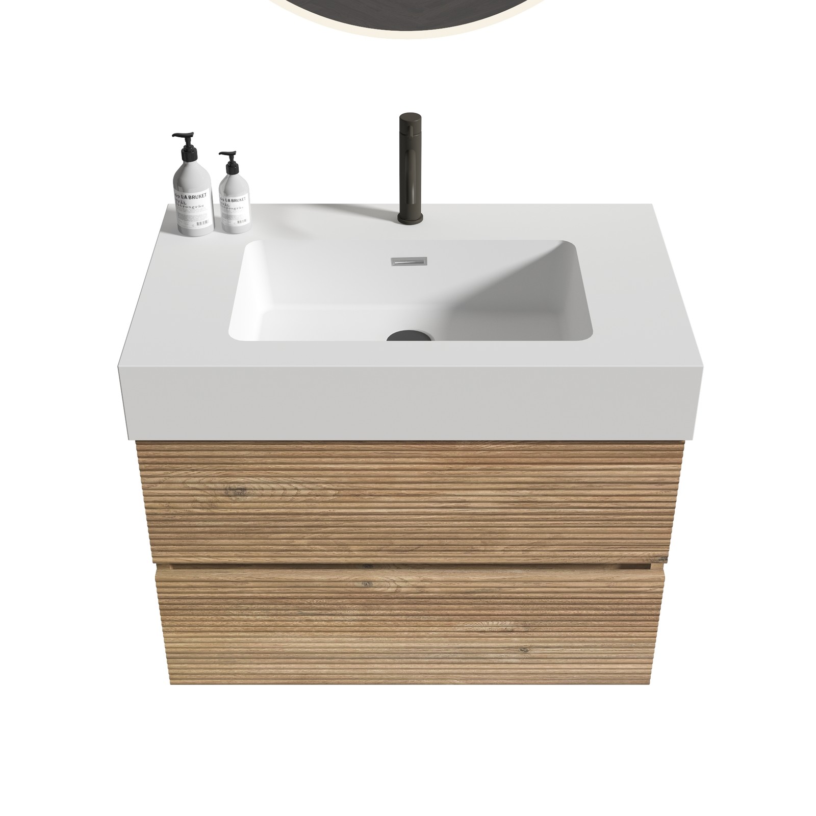30″ Rough Oak Floating Bathroom Vanity with White Sink & Drawers