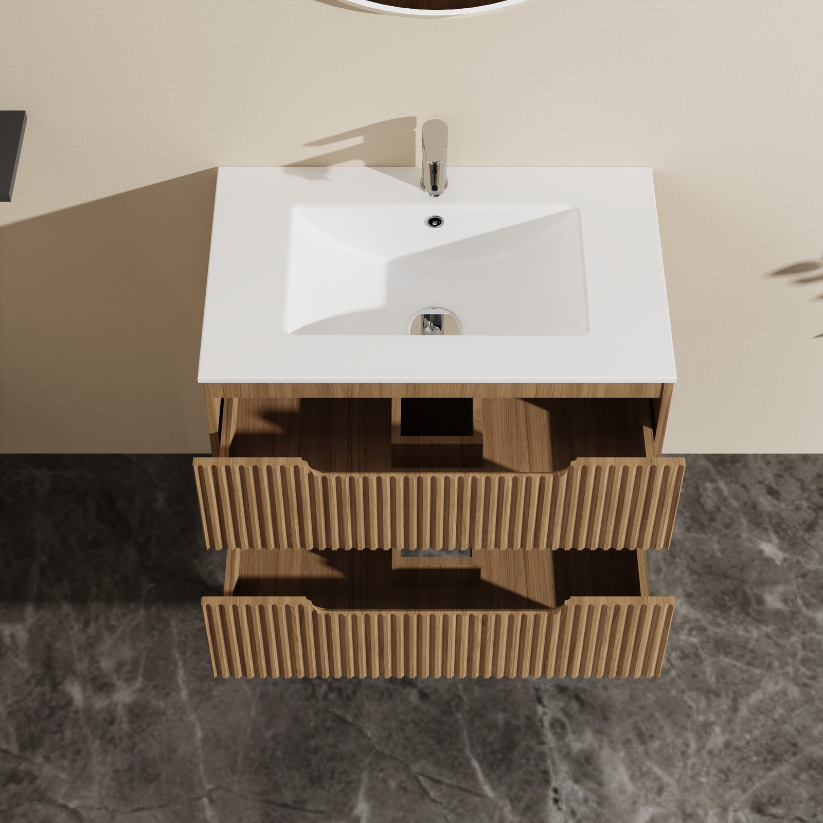 Wall Mounted Bathroom Vanity 30″W x 18.5″D x 19″H, Walnut, 2 Drawers, Soft-Close