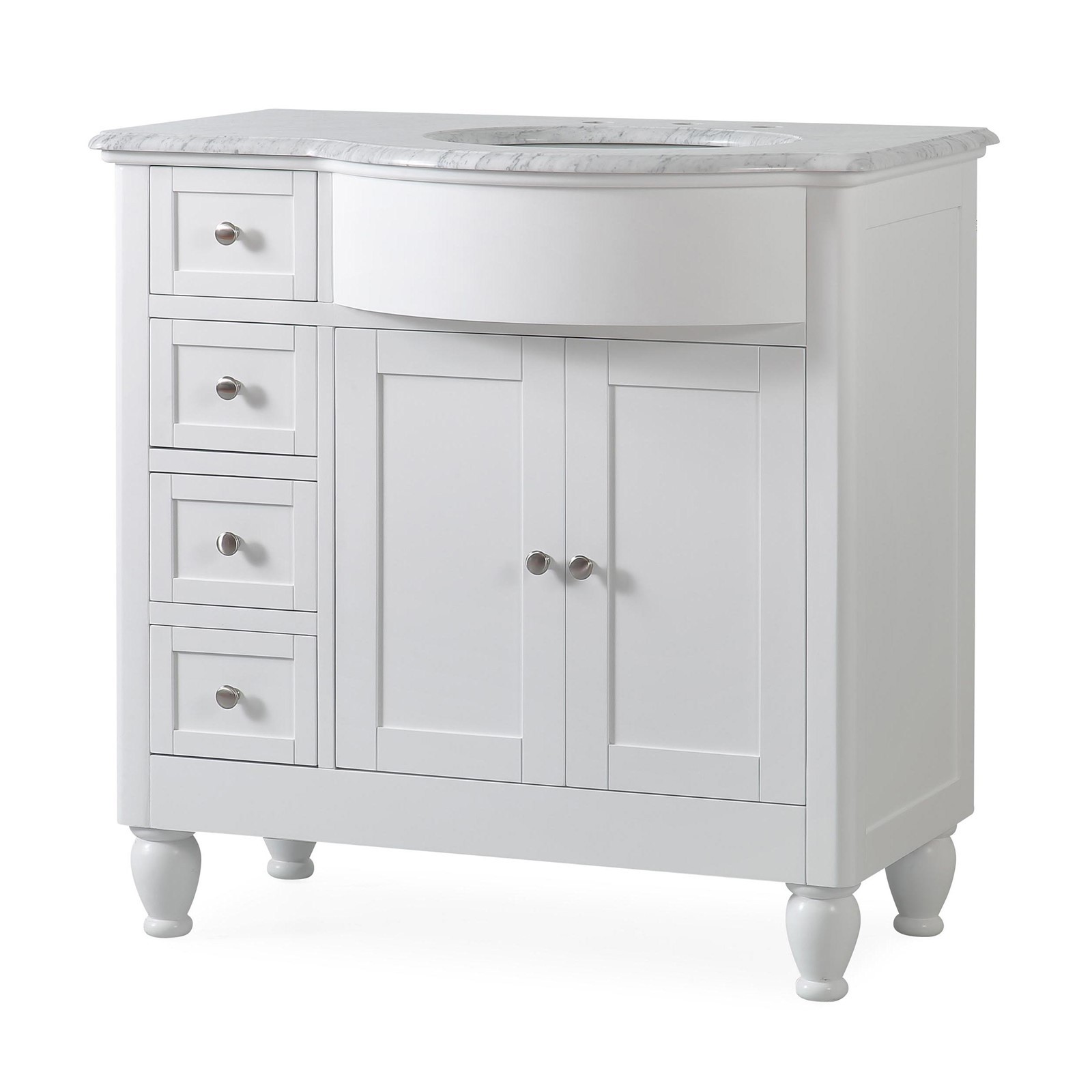 36″ White Bathroom Vanity Single Right Hand Sink Cabinet Marble Top