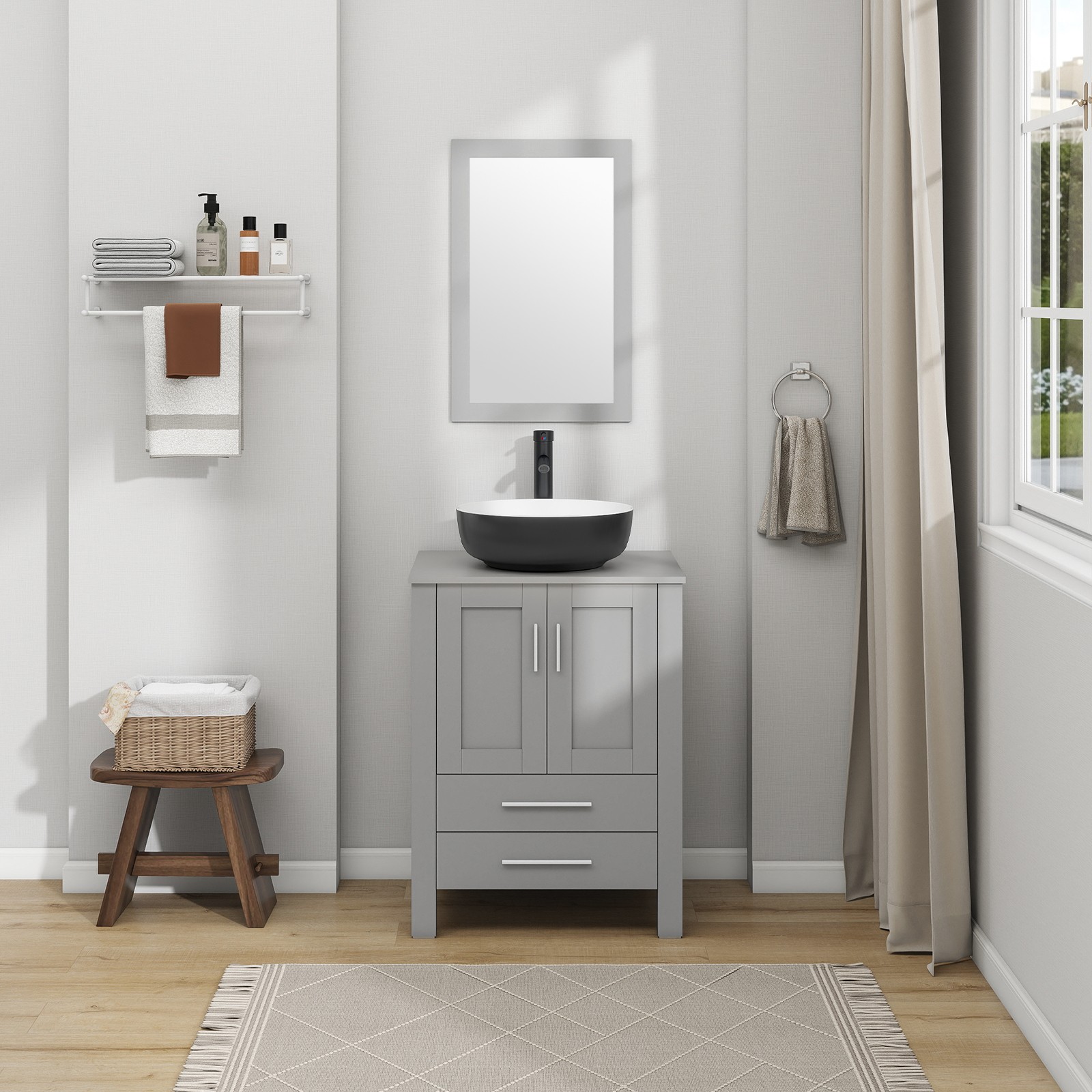 Modern 24″ Vanity Set with Black Ceramic Sink | Cabinet + Drawer Storage