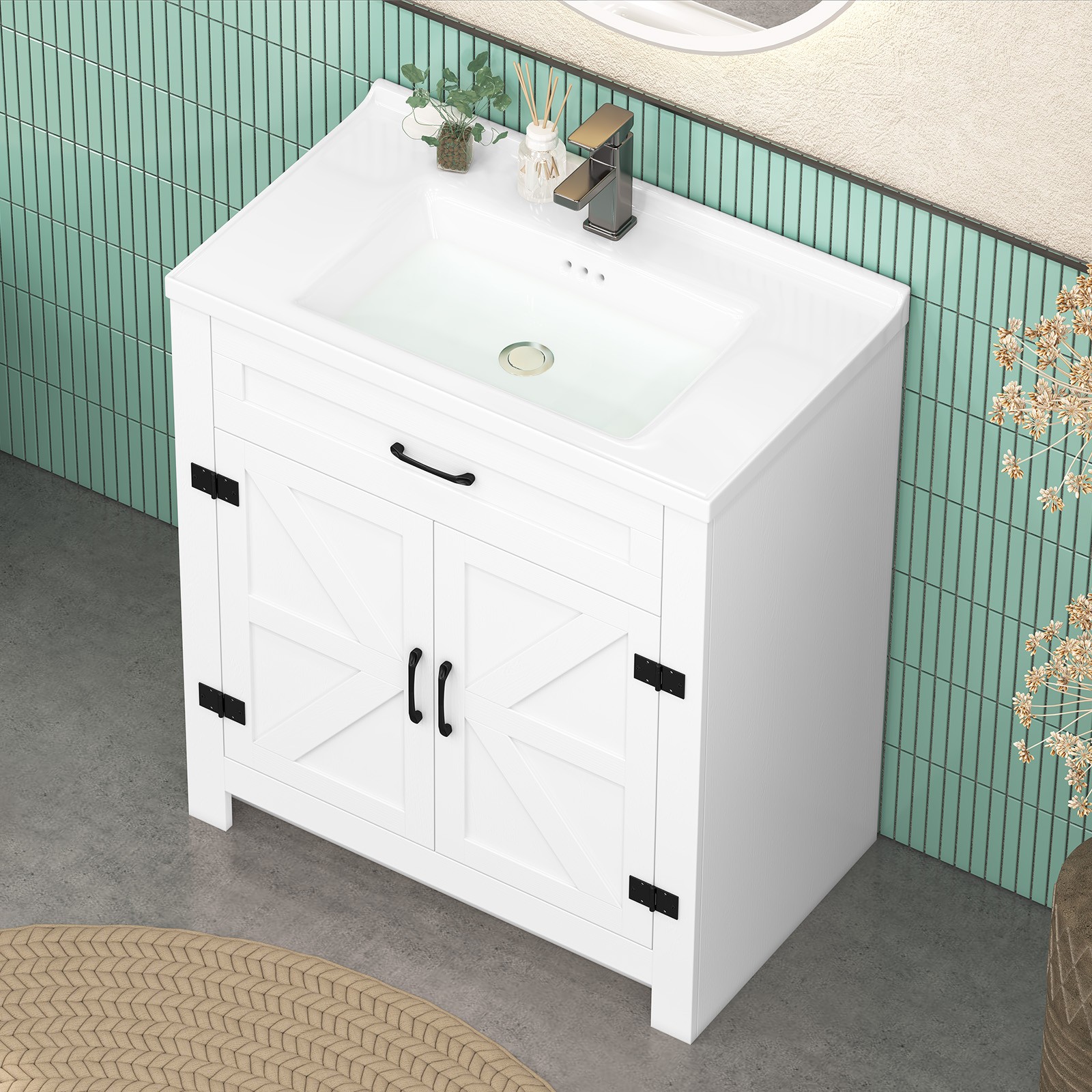 23″ Freestanding Bathroom Vanity Laundry Cabinet w/ Ceramic Sink Combo, White