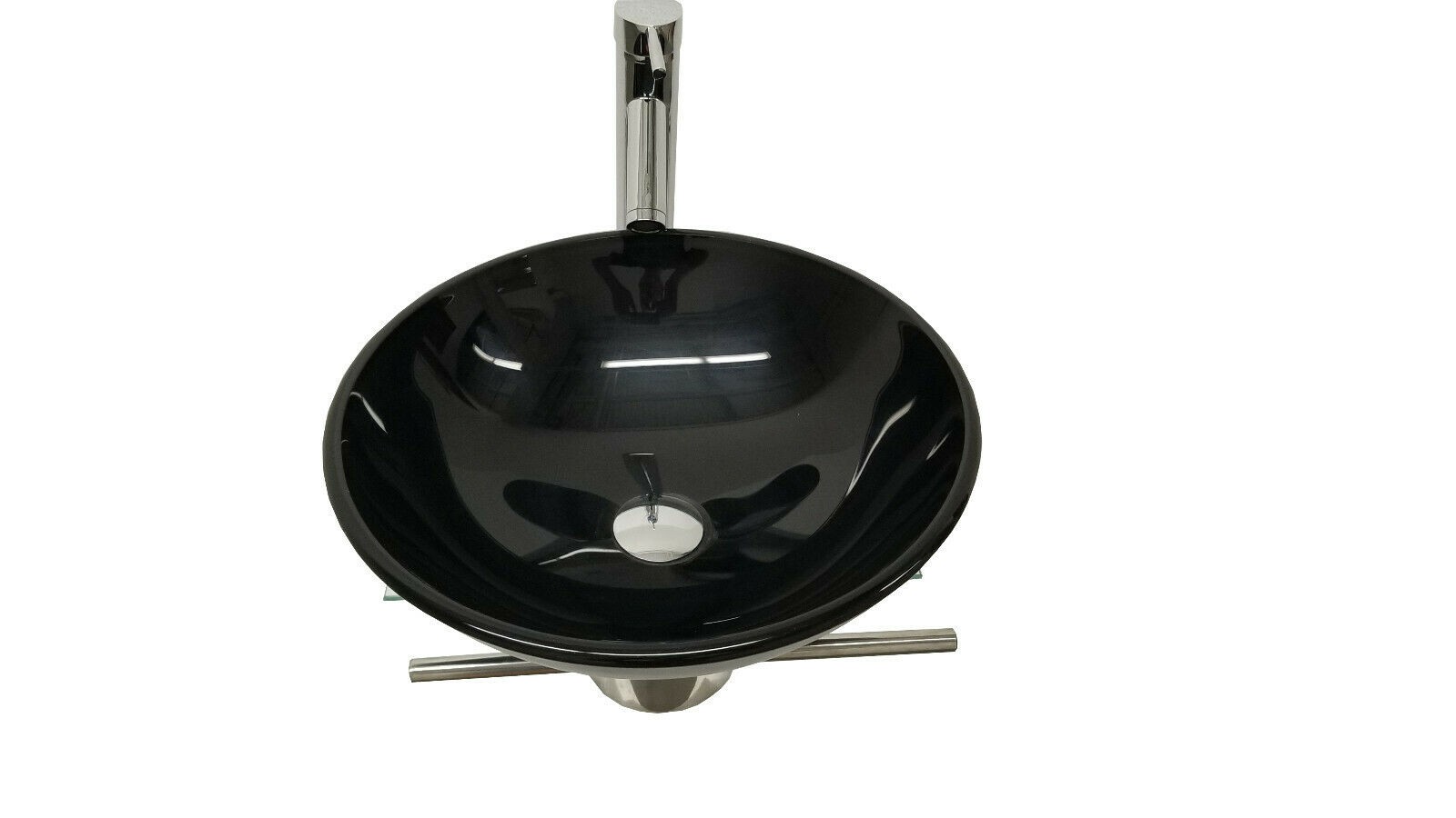 Modern Wall Mount Bathroom Pedestal Vanity Black Glass Bowl Vessel Sink Combo