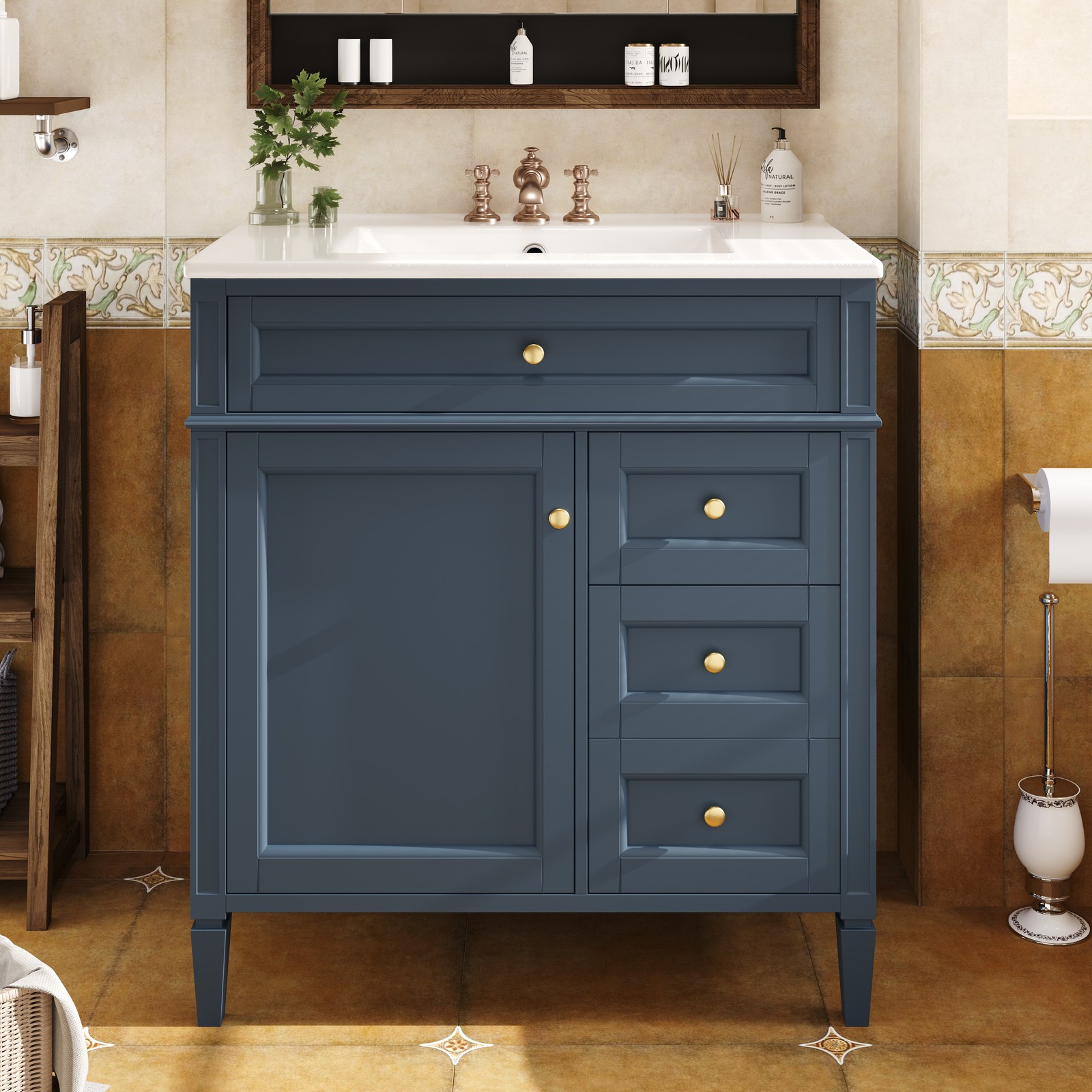 30″ Bathroom Vanity with Sink, 2 Drawers & Tip-Out Drawer, Blue
