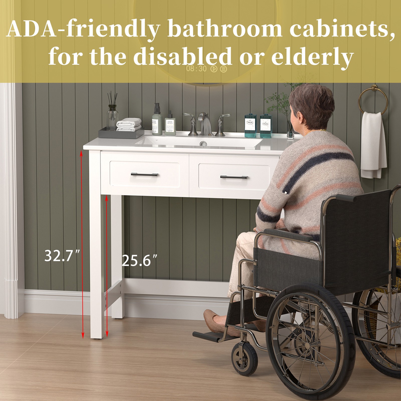 36″ Bathroom Vanity w/ a Tip-out Drawer & Ceramic Sink ADA Compliant for Elderly