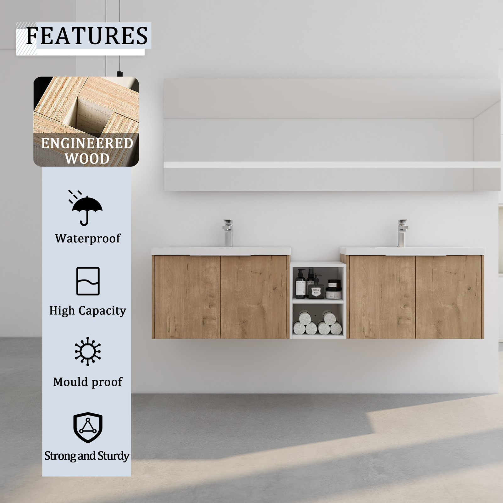 72″ Plywood Floating Wall Mounted Bathroom Vanity Cabinet W/ Dual Sink Shelves