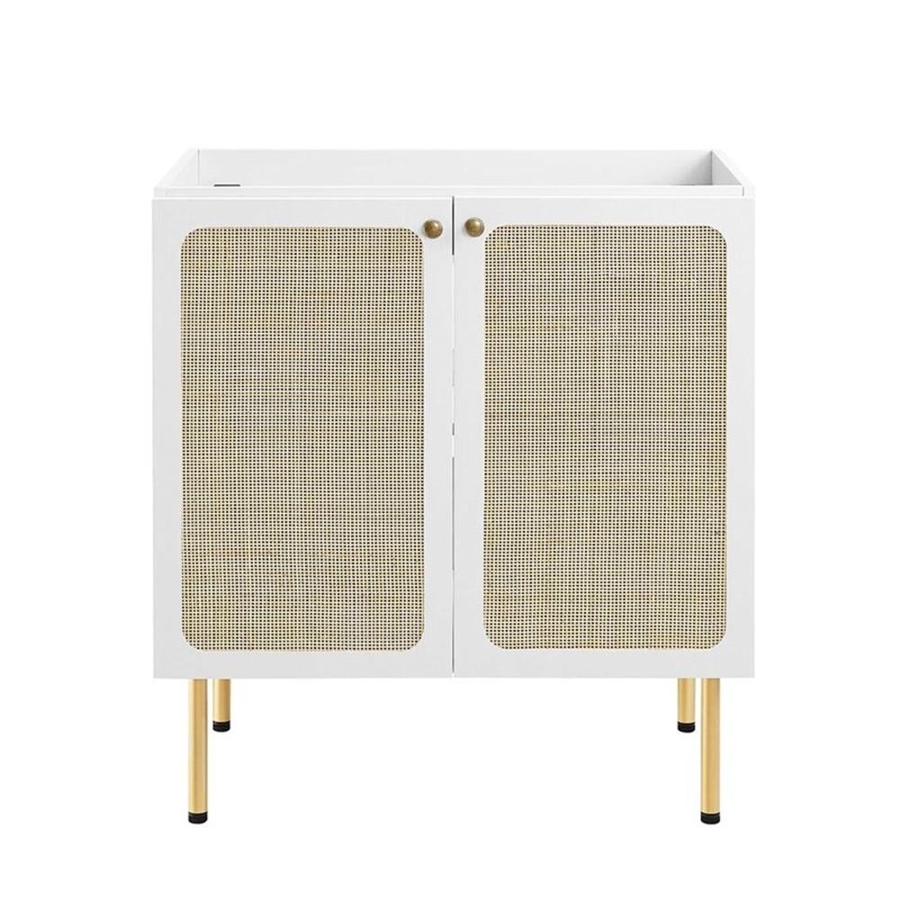 Pemberly Row 30″ Wood & Rattan Bathroom Vanity Cabinet in White