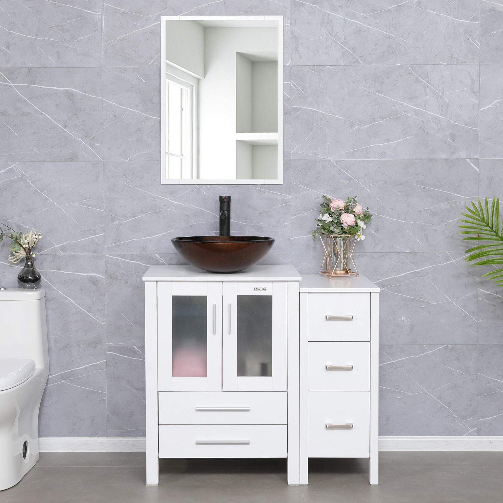 36″ White Bathroom Vanity Set Vessel Glass Sink Cabinet Small Combo No Mirror