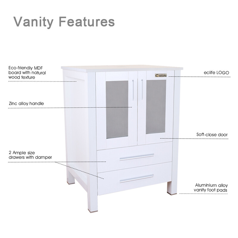 24″ White Bathroom Vanity Set W/Glass Vessel Sink Faucet Mirror Cabinet Combo