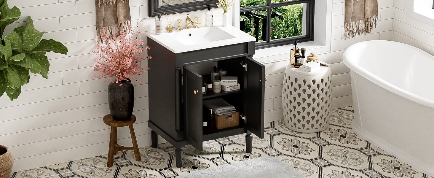 24″ Bathroom Vanity with Sink, Modern 2-Tier Storage Cabinet, Black