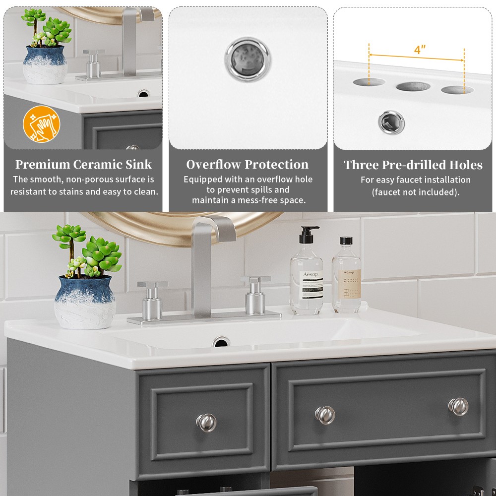 Bathroom Vanity with Ceramic Sink Features 2 Drawers and 1 Door