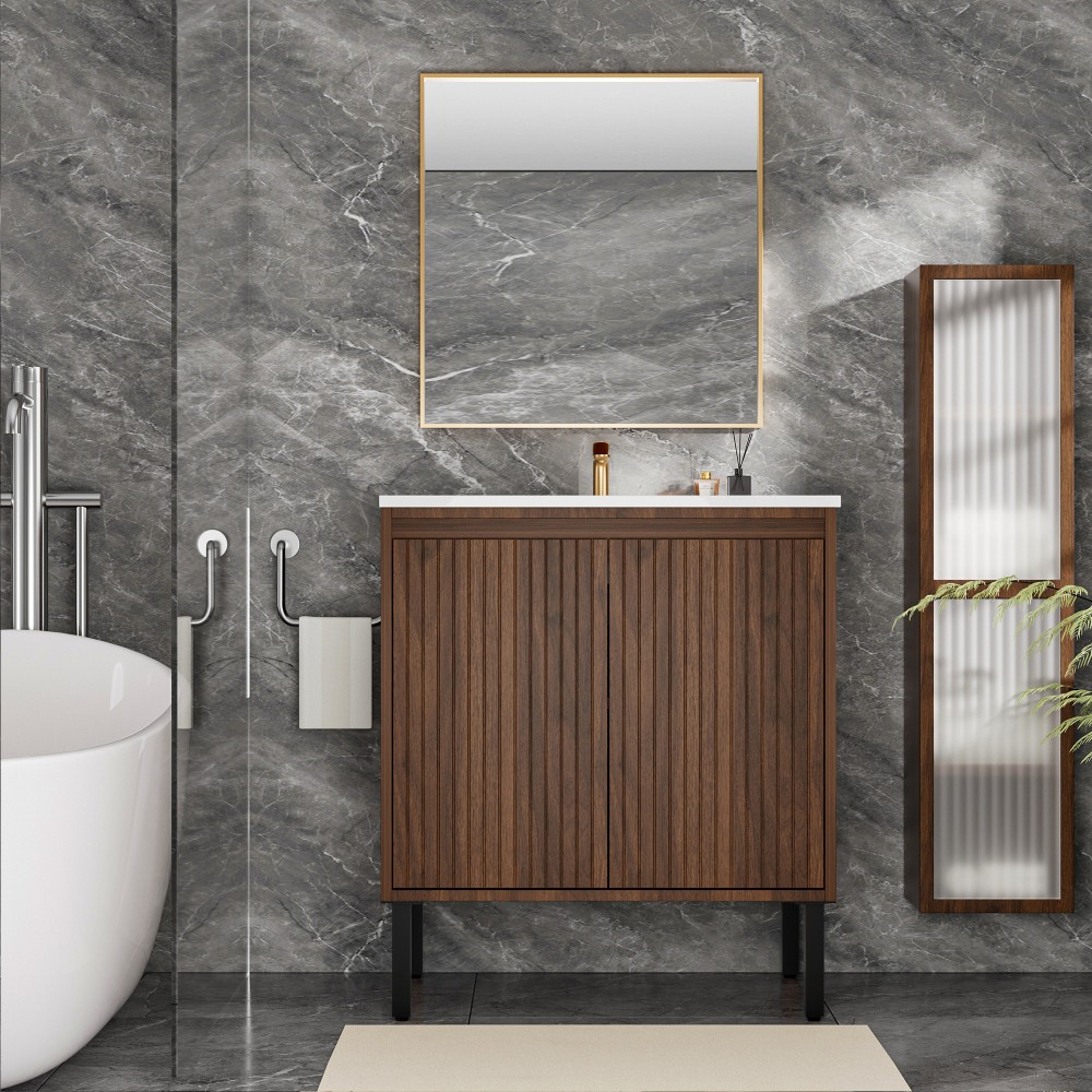 Modern Bathroom Vanity: White Sink, Soft Close Drawers, Walnut Wood Finish