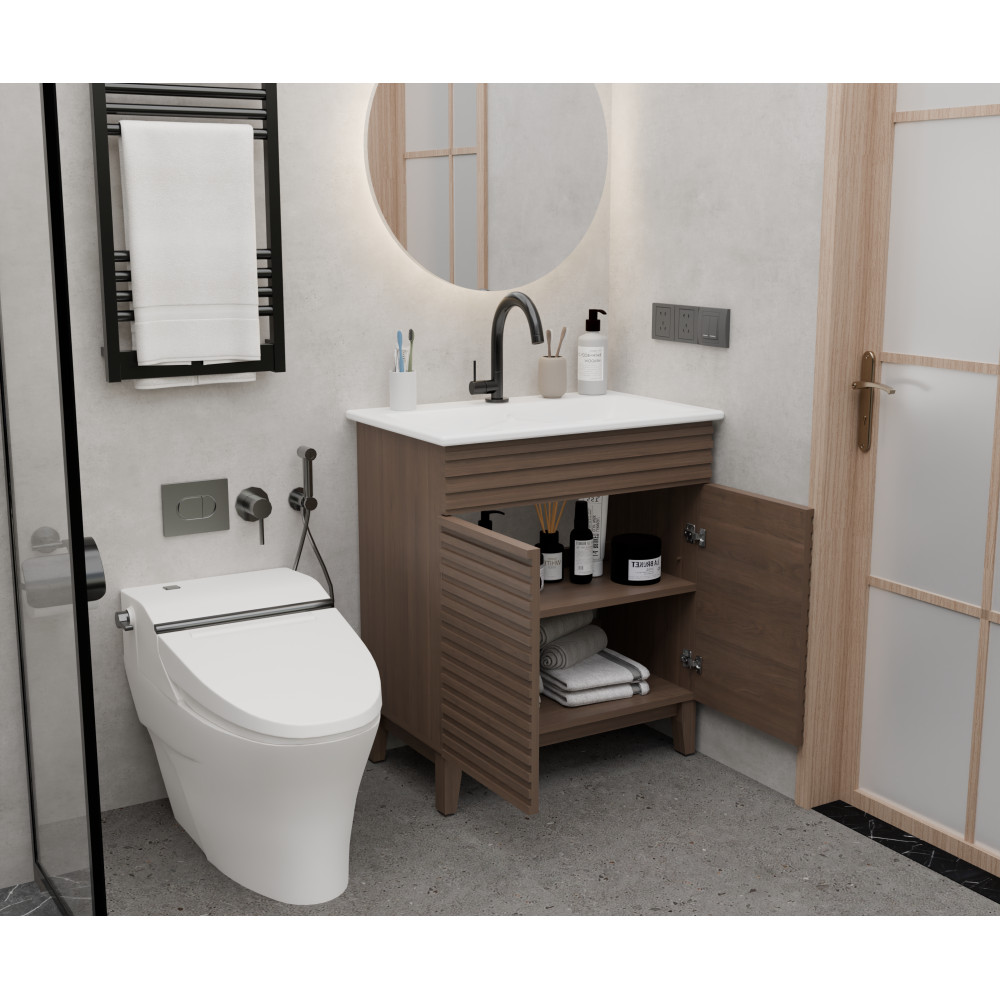 30 inch brown Bathroom Vanity with Louvered Doors and Sink Combo