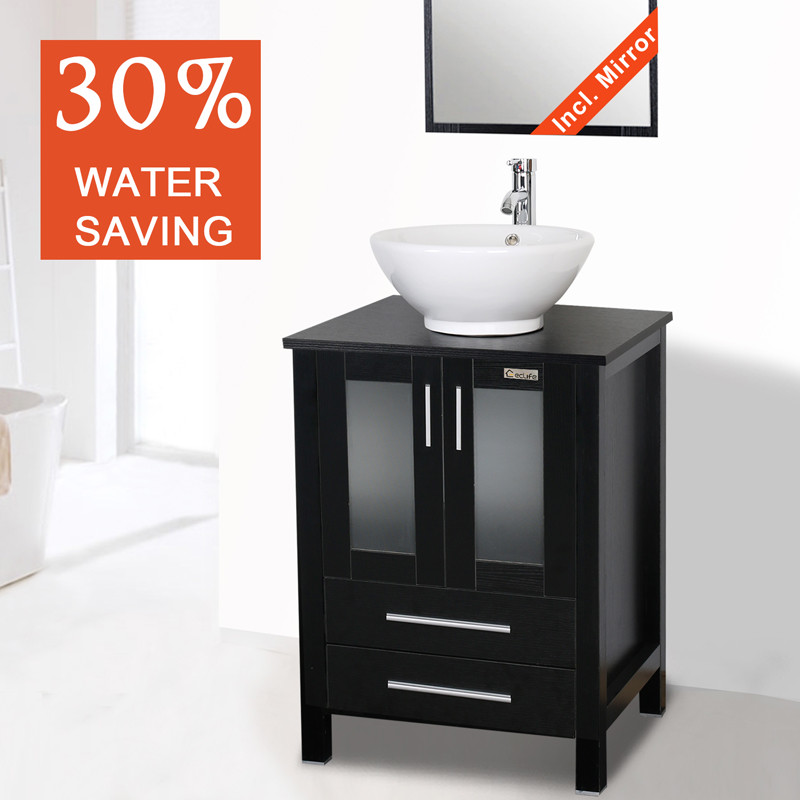 Bathroom Vanity 24″ W/ Top White Ceramic Sink Faucet Single Wood No Mirror
