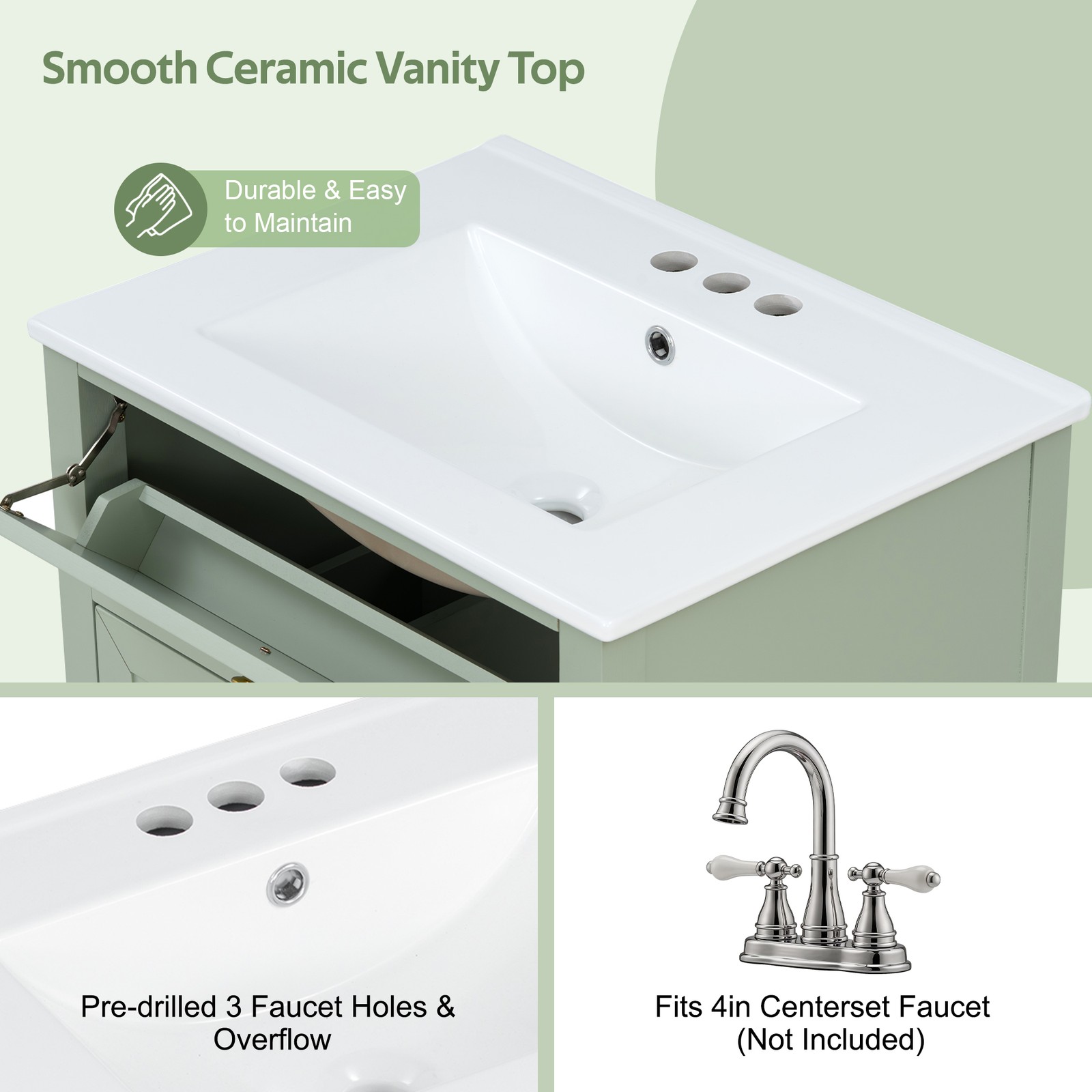 24″ Light Green Bathroom Vanity with Ceramic Sink and Storage Drawers