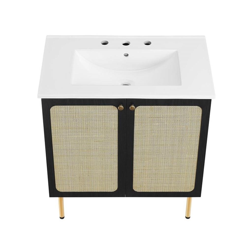 Pemberly Row 30″ Wood & Rattan Bathroom Vanity in Black/White