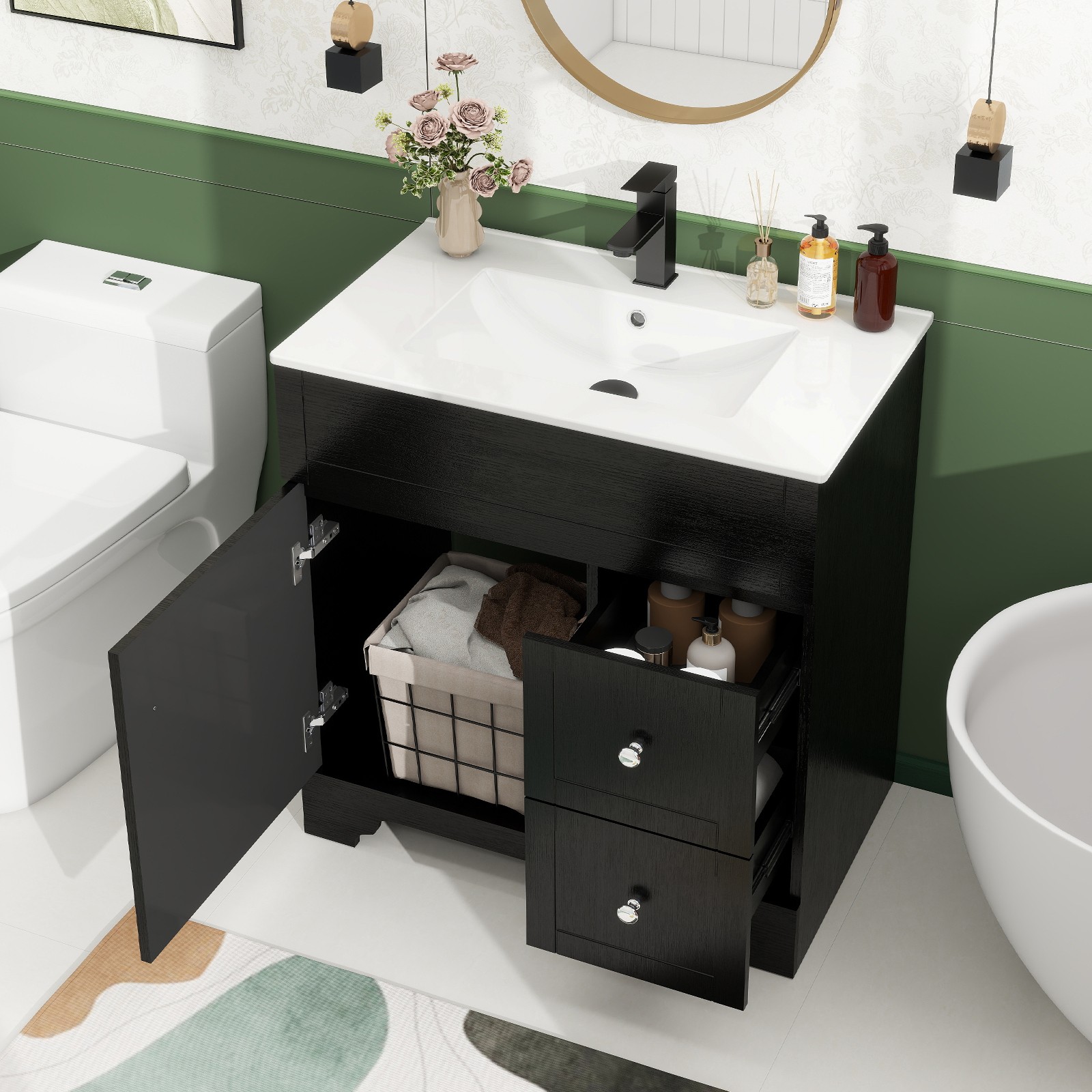 30″ Bathroom Vanity with Ceramic Sink – Freestanding Set, Pop-Up Drain