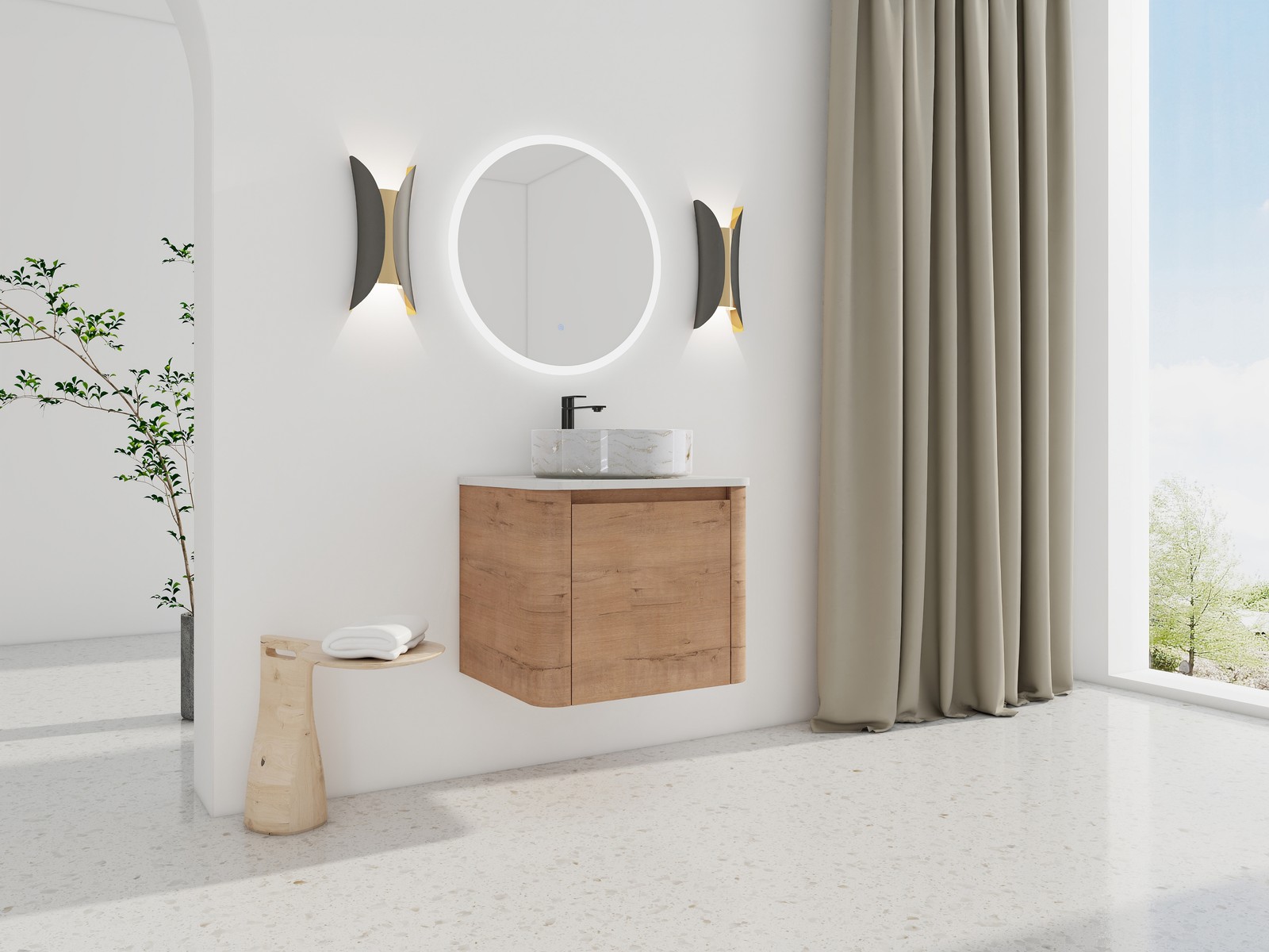 24 in Plywood Wall-Mounted Bathroom Vanity With Ceramic Vessel Sink Counter Top