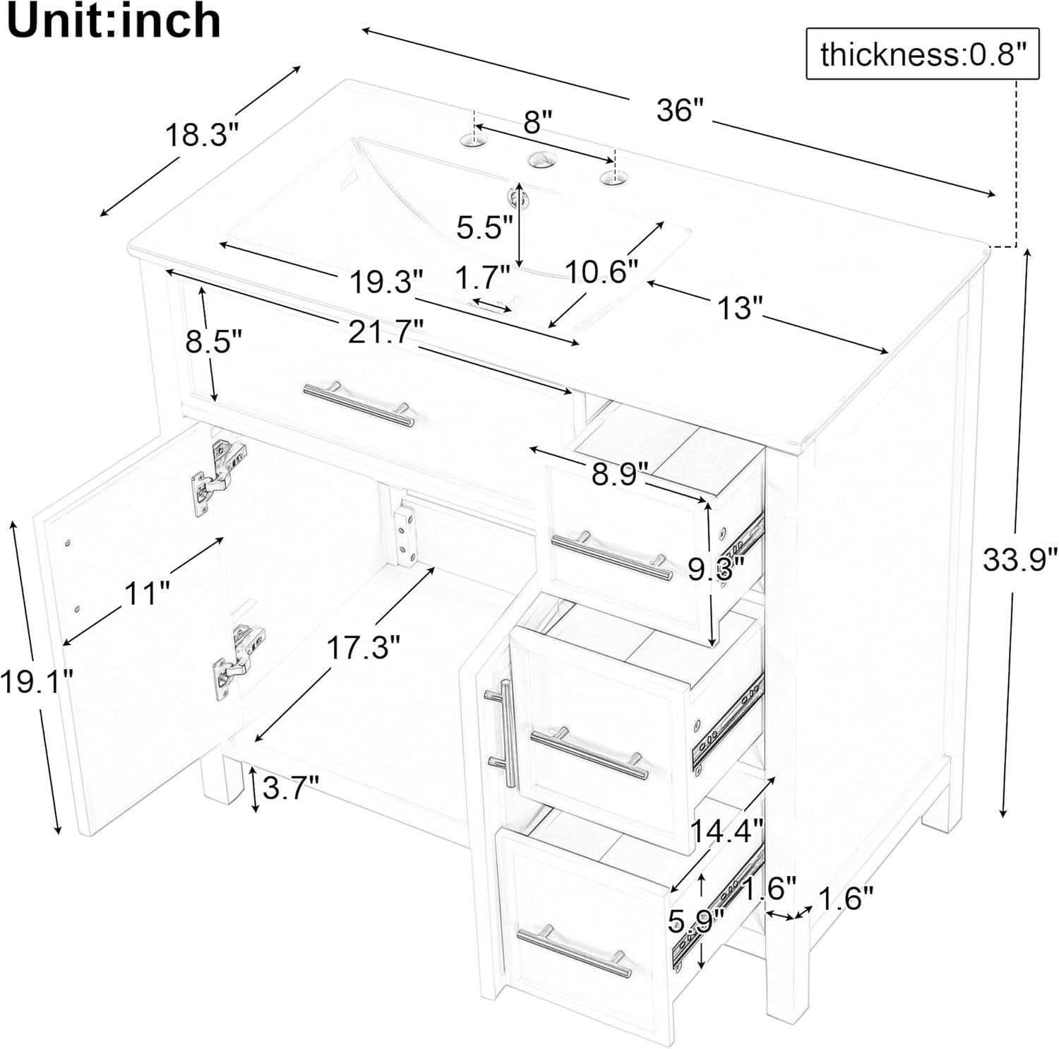 36″ Bathroom Vanity with Sink Combo,Bathroom Vanity Cabinet with Two Soft-Closin