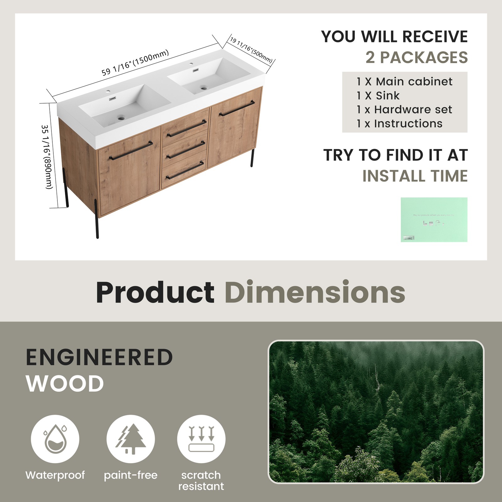 60 in Freestanding Bathroom Vanity White Double Resin Sink 2 Doors 3 Drawers