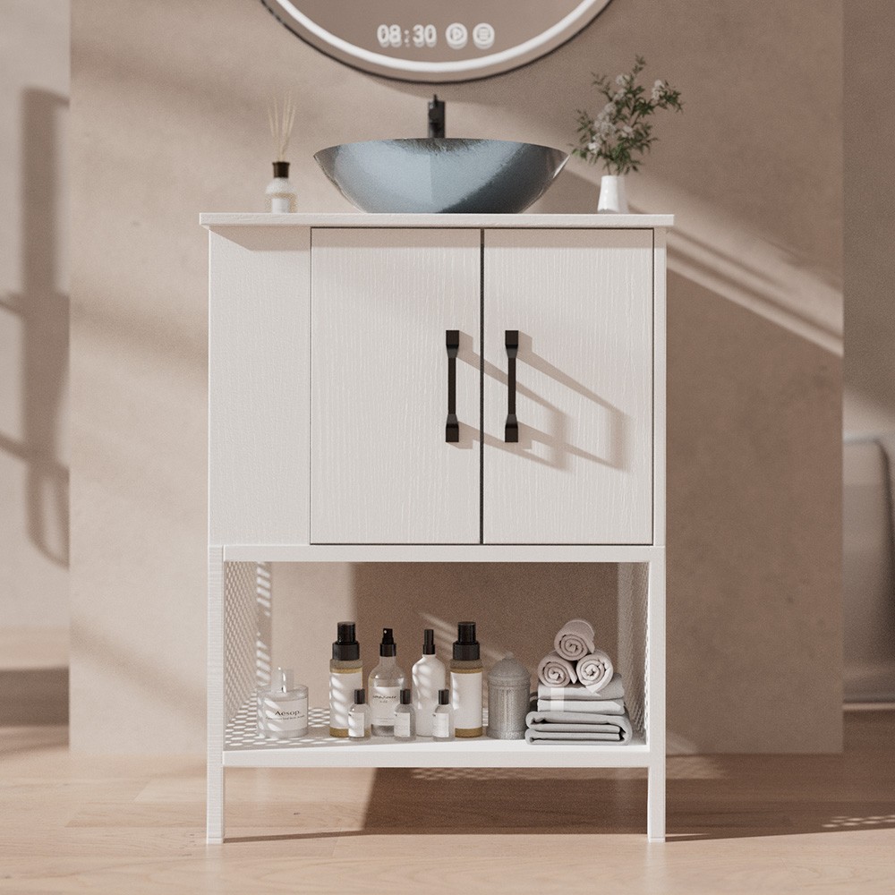 24″ Small Bathroom Vanity w/ Tempered Glass Sink Freestanding Cabinet Open Shelf