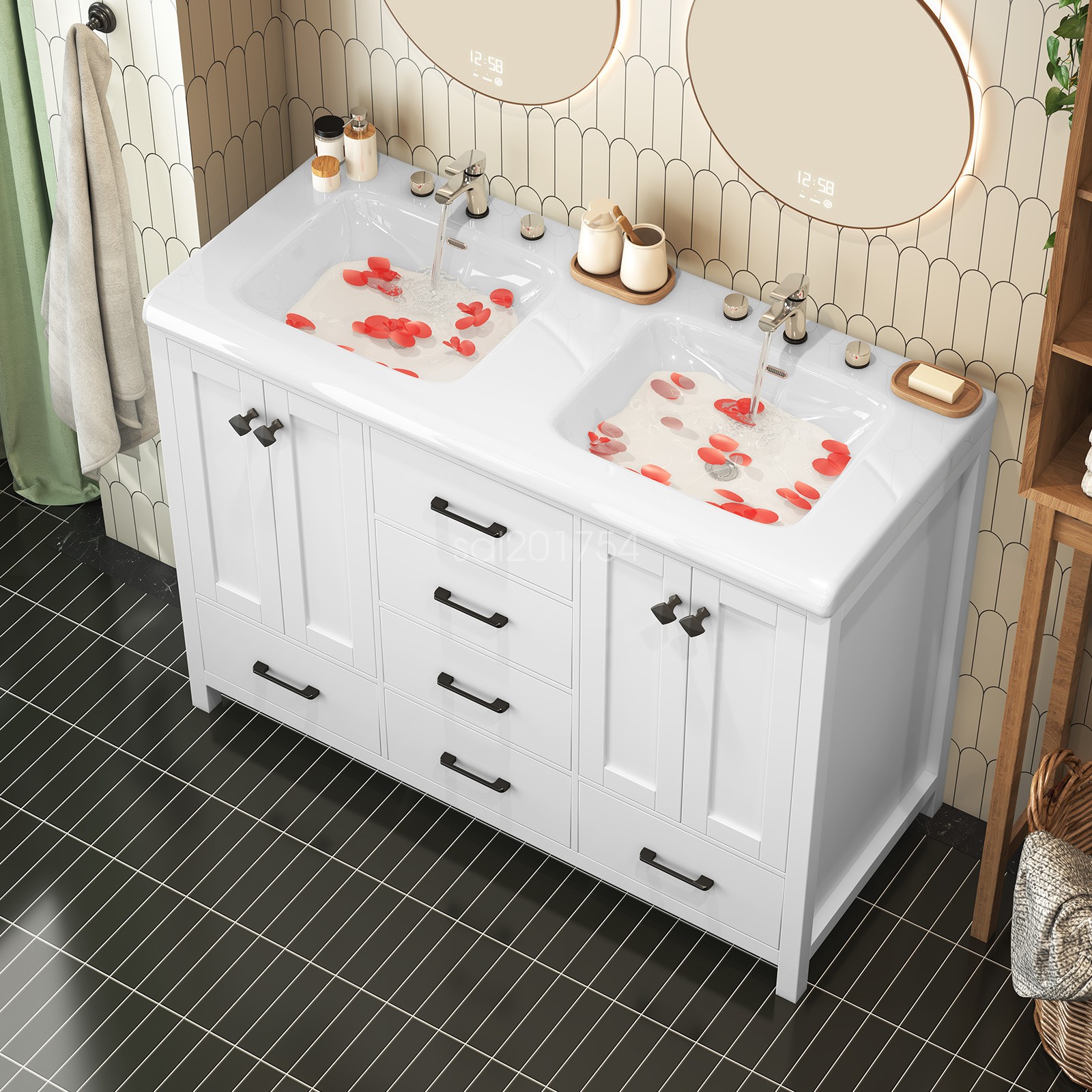 Bathroom Cabinet Vanity Freestanding Double-Basin Ceramic Sink Cabinet 47.3″