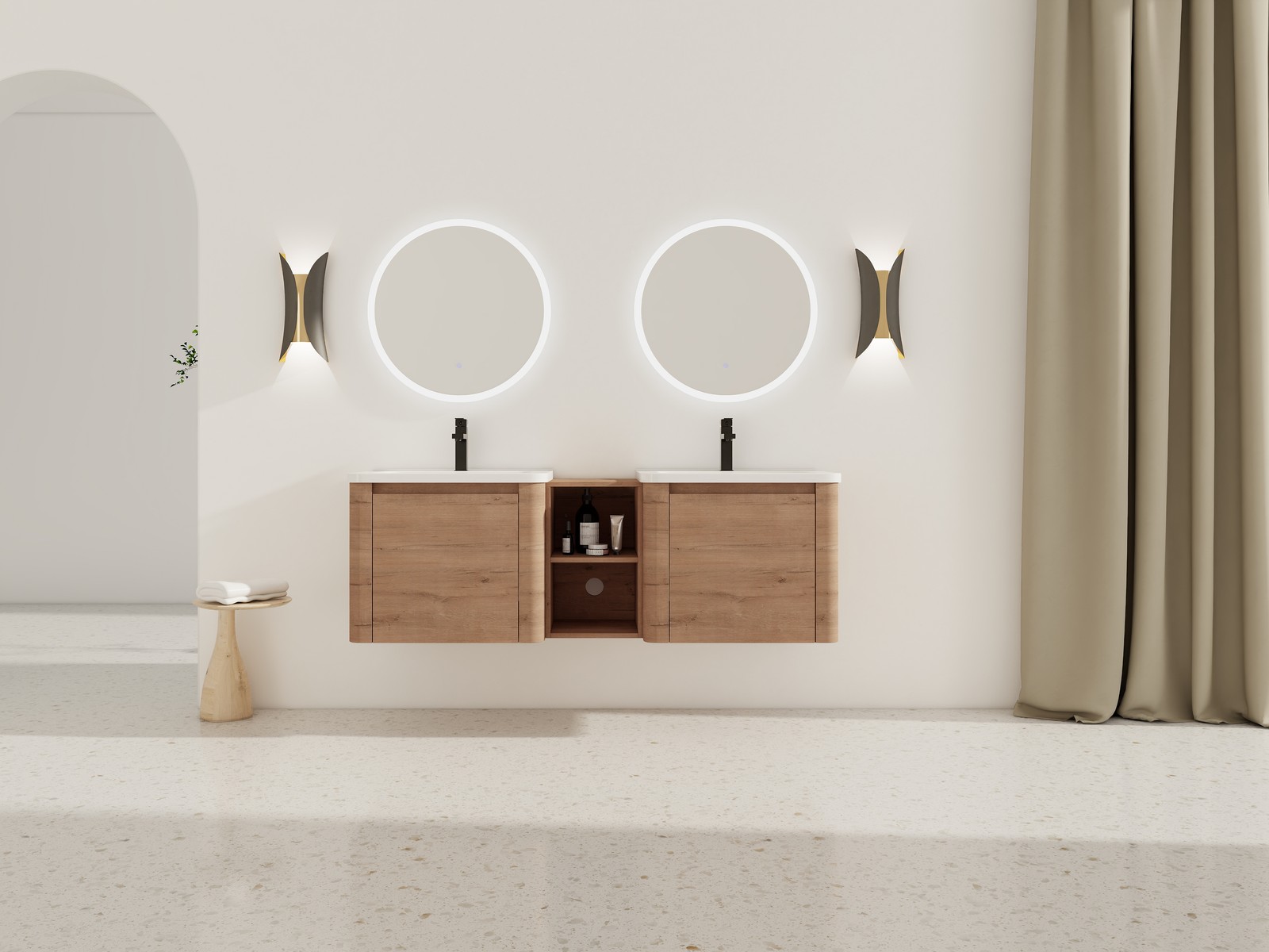 60in Wall-Mounted Bathroom Vanity W/ Double White Ceramic Sink Storage Shelves
