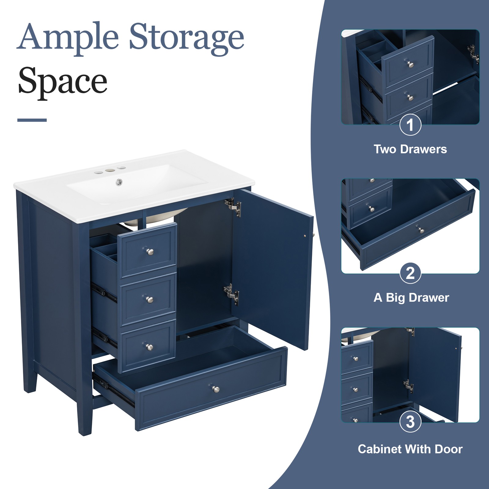 30″ Blue Bathroom Vanity with Sink, 1 Cabinet & 3 Drawers, Solid Wood & MDF