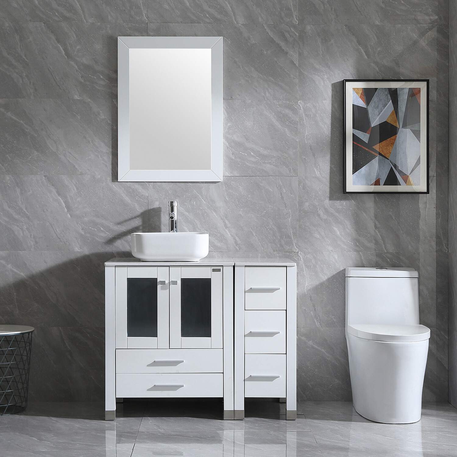 36″ inch Single Sink Bathroom Vanity Set w/Ceramic Vessel Sink Faucet & Mirror