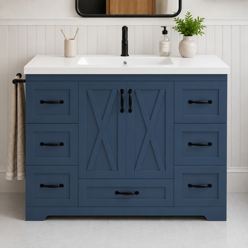 48in Bathroom Vanity w/Sink Bath Farmhouse Freestanding Cabinet w/Ceramic Basin