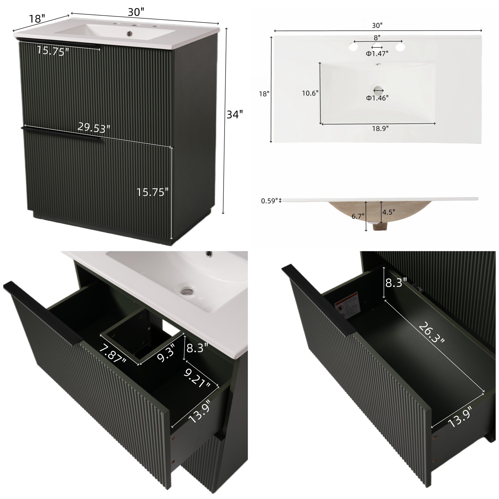 30″ Green Fluted Bathroom Vanity with Ceramic Sink & Soft Close