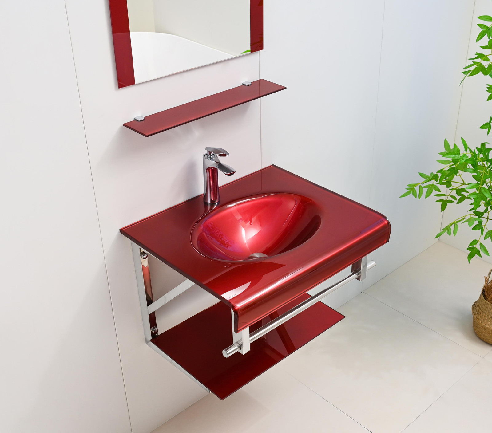 24″ Wine Red Glass Bathroom Vanity Combo Floating Glass Integrated sink Mirror