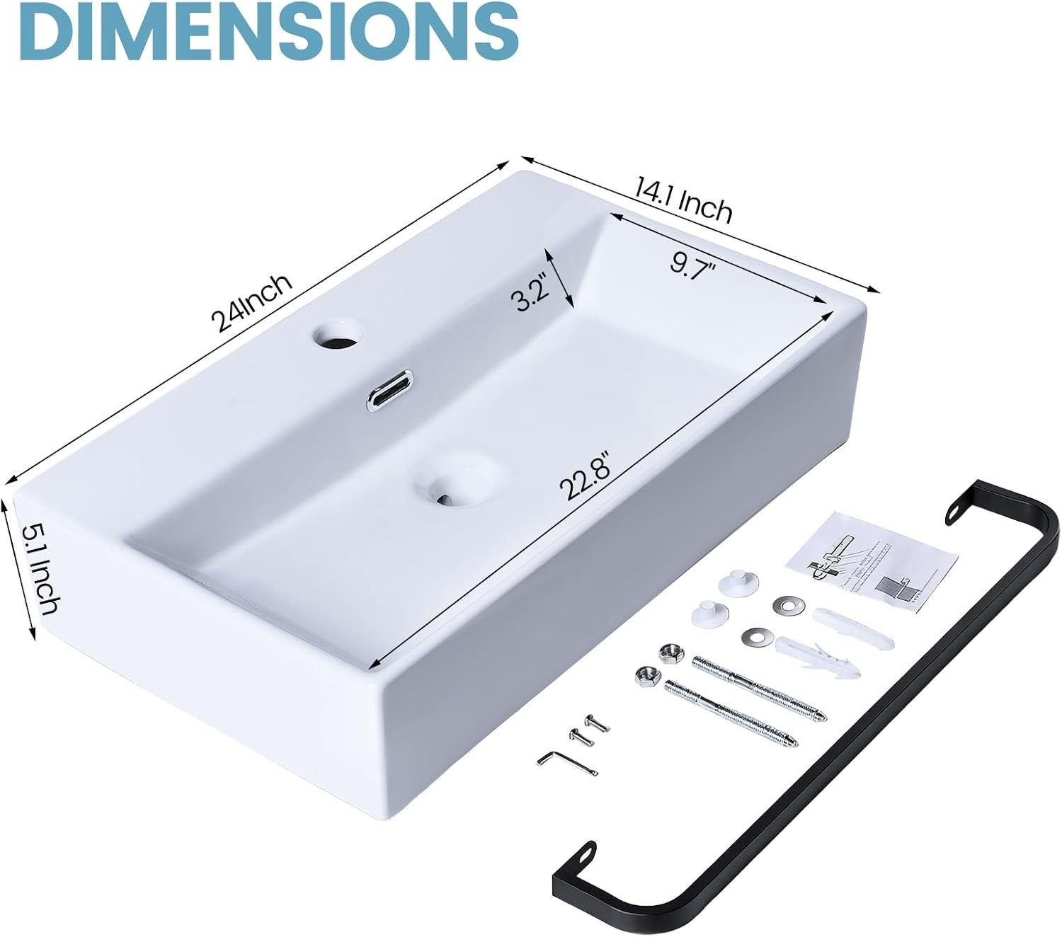 24″ Wall Mount Sink with Towel Rack – Small Ceramic Floating Bathroom Basin