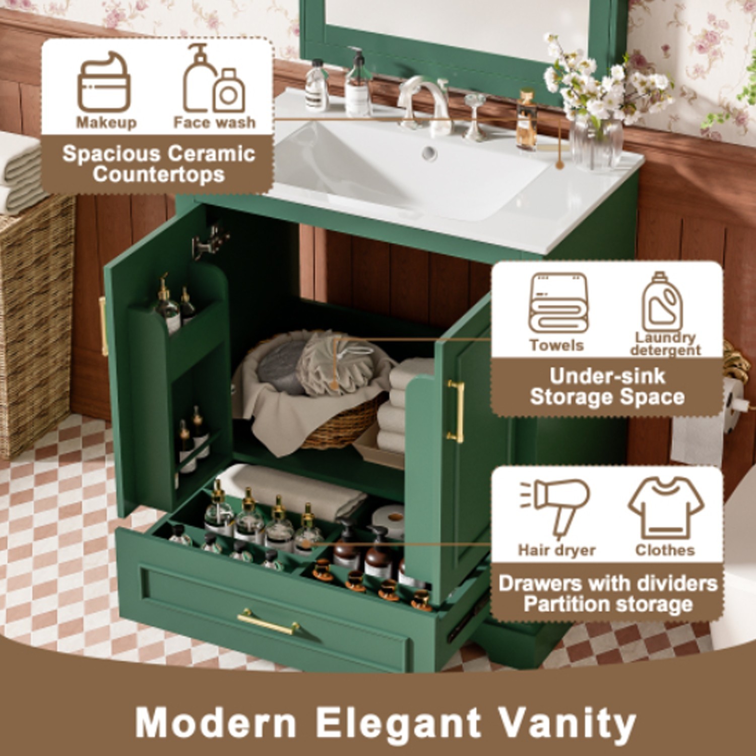 Solid Wood Green Bathroom Sink Vanity Modern Stylish 30 inches Bathroom Vanity
