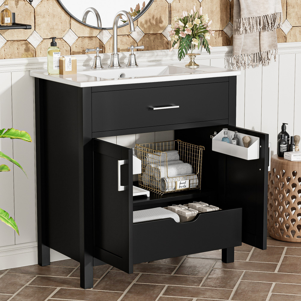NEW 30″ Bathroom Vanity Ceramic Sink Soft Close 2 Doors 1 Drawer Storage Cabinet