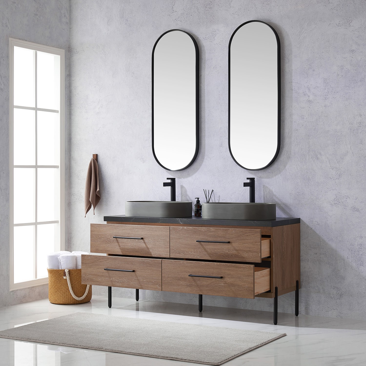 Miseno MV-705160O Trento 60″ – North American Oak / Black