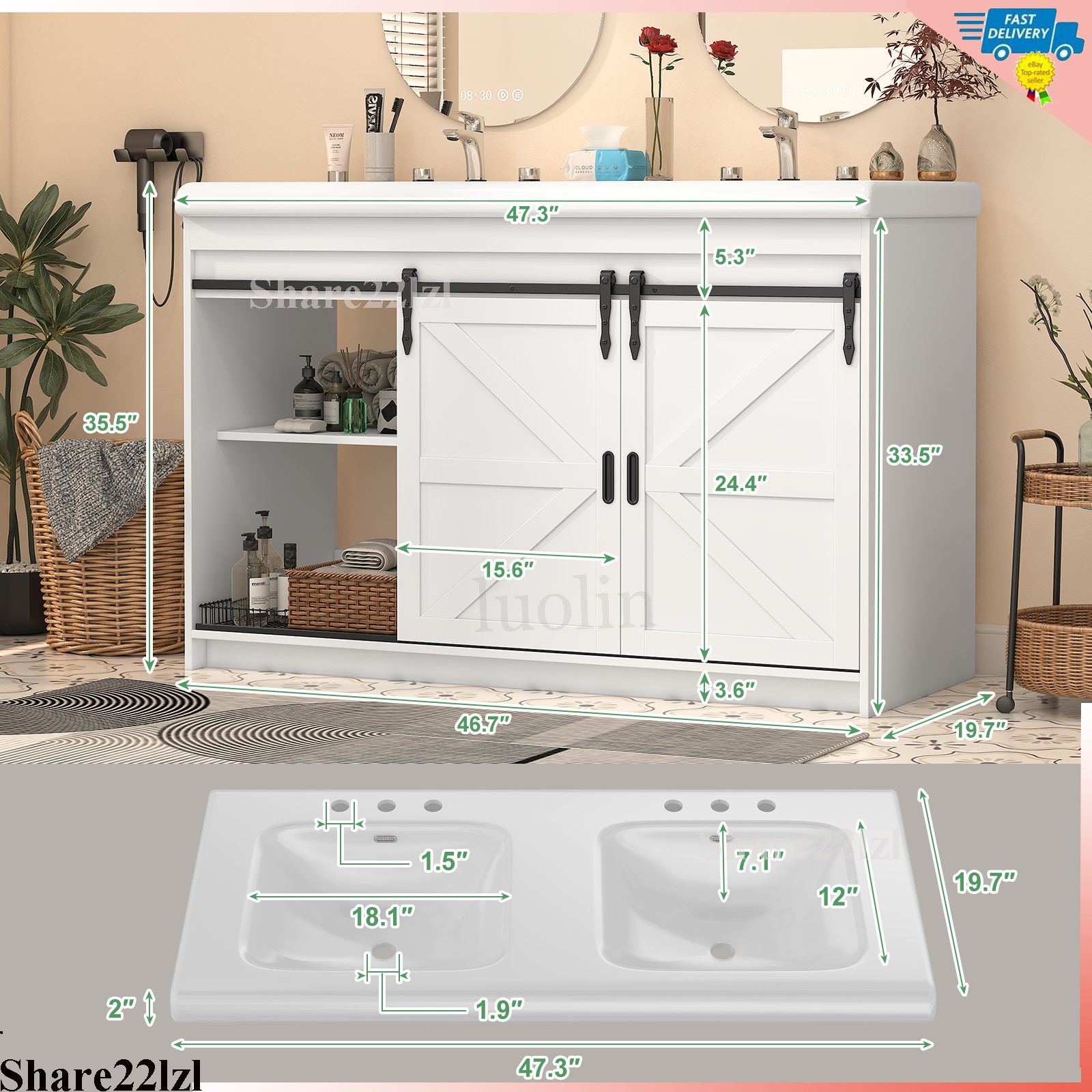 47″ Bathroom Vanity Cabinet Double Ceramic Sink Marble Countertop Cabinet Modern
