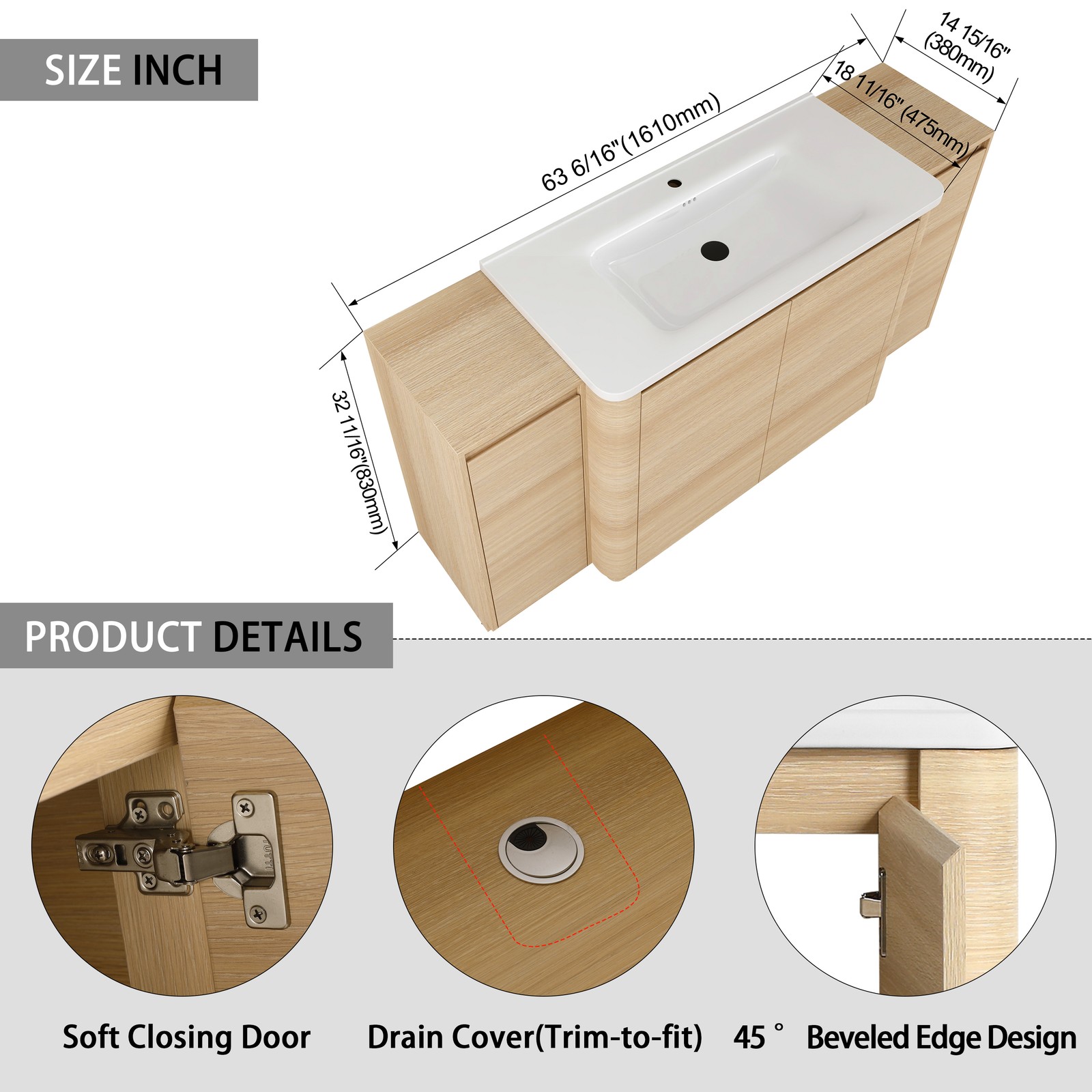 40in Plywood Freestanding Bathroom Vanity W/Ceramic Sink 2x Storage Cabinet Oak