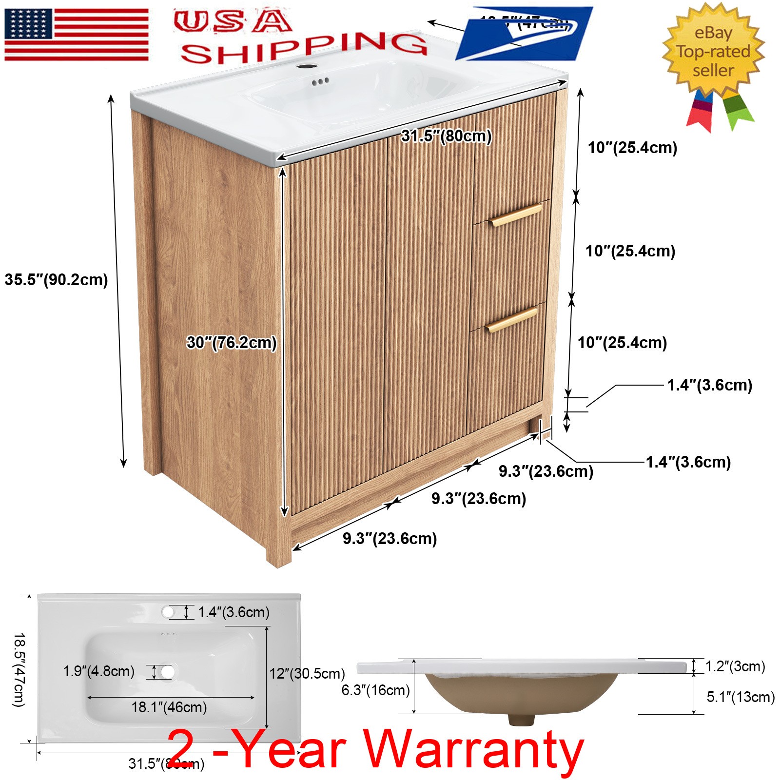 Wood Bathroom Vanity Cabinet w/ Ceramic Sink Storage Bathroom Cabinet w/ Drawer