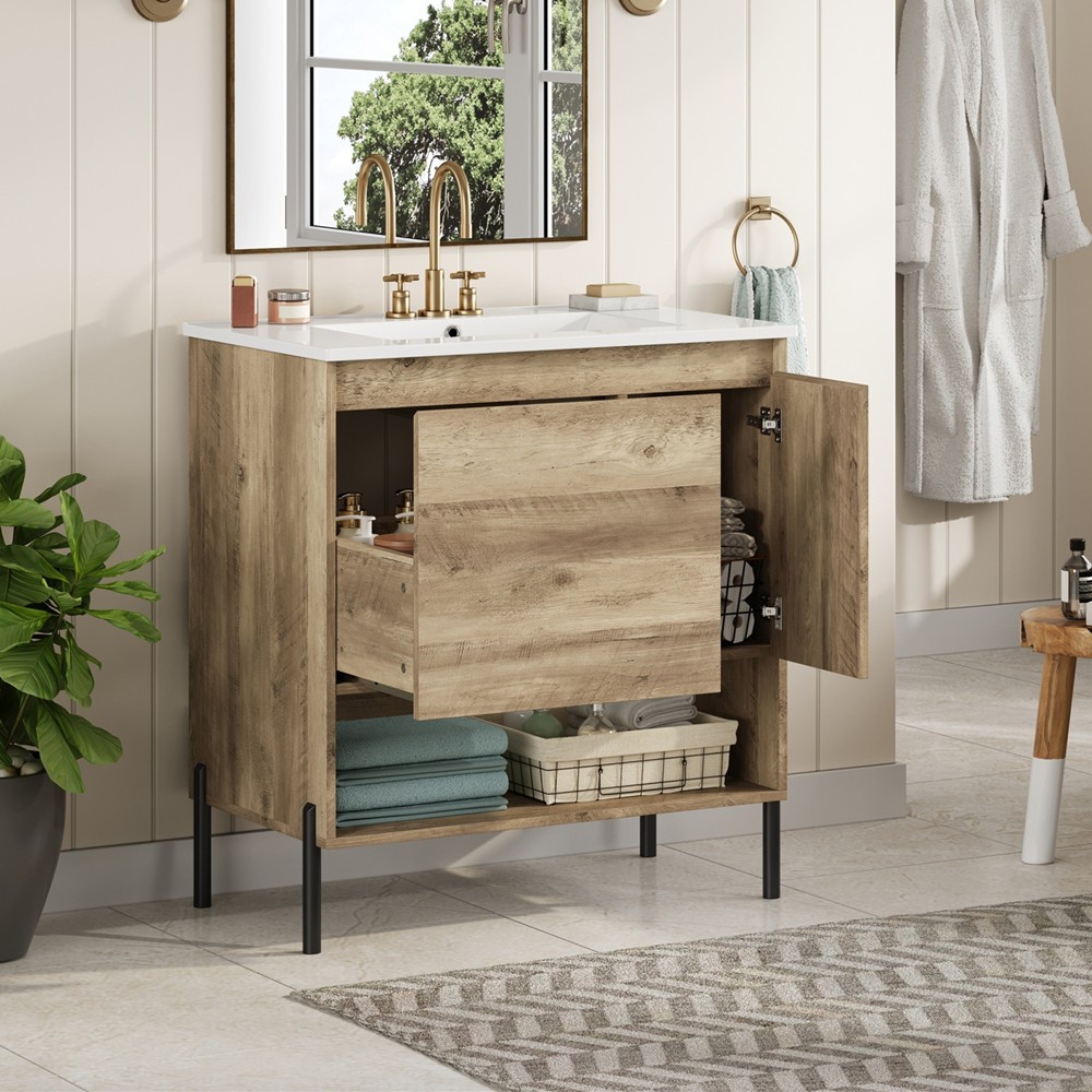 30″ Bathroom Vanity w/Ceramic Sink,Freestanding Vanity Cabinet,Open Shelf,Drawer