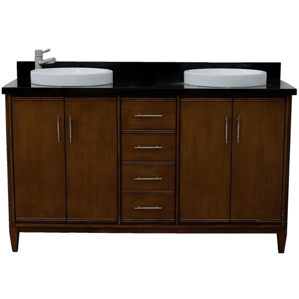 Pemberly Row 61″ Double Round Sink Vanity with Black Granite Stone in Walnut