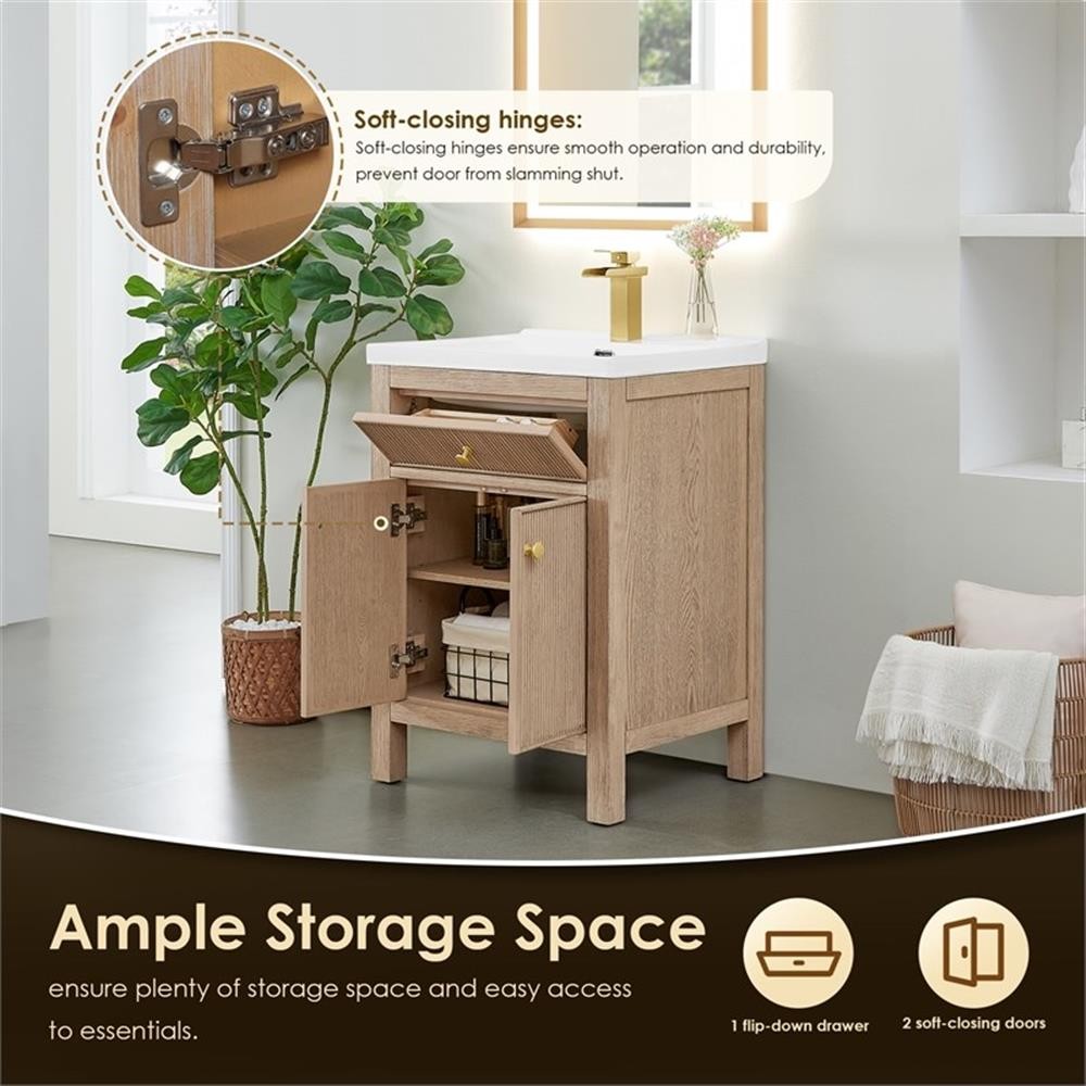 Pemberly Row 24″ Wood Vanity in Natural Oak Ceramic Integrated Sink no Mirror