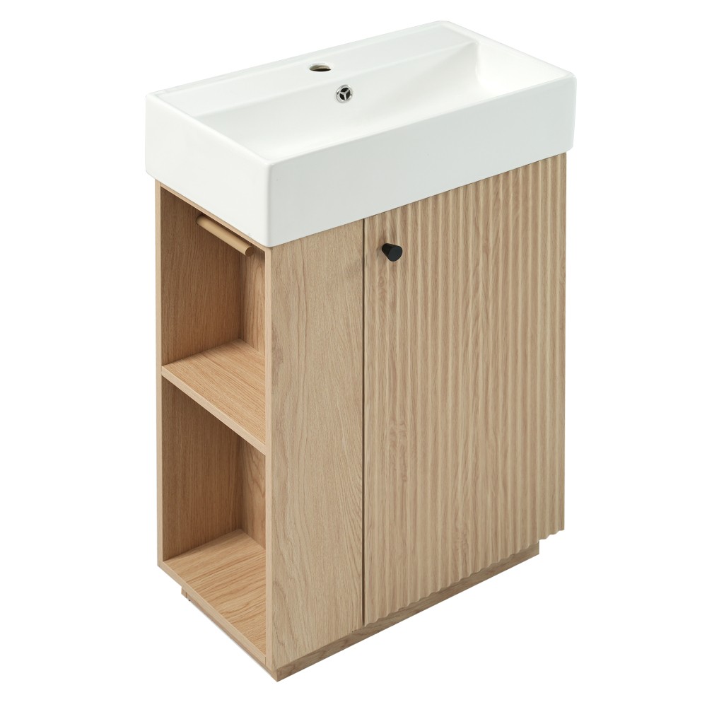 21.6″ Freestanding Bathroom Vanity w/Ceramic Sink, Wood Grain Cabinet,Storage