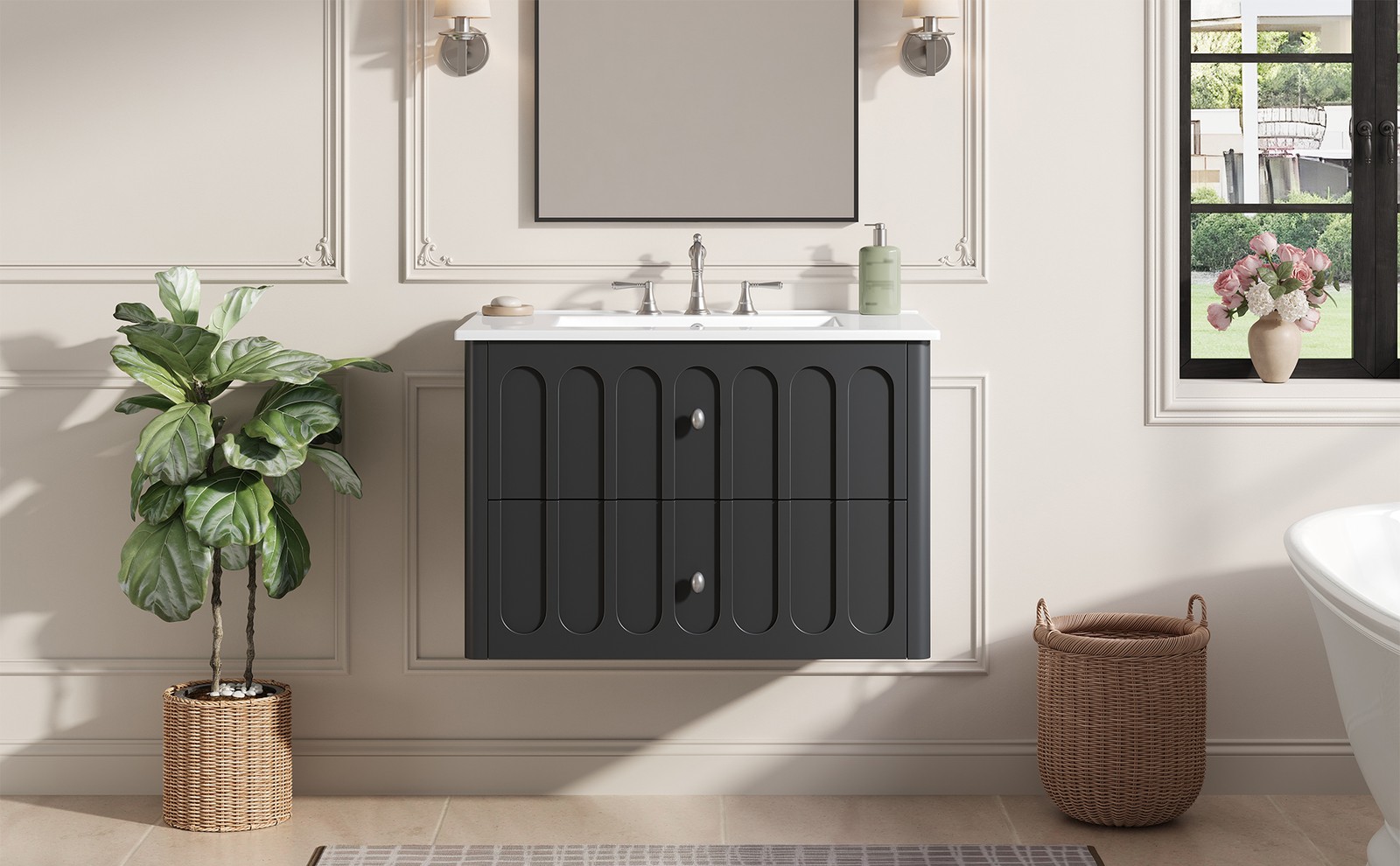 30″ Modern Bathroom Cabinet Floating Bathroom Vanity w/Oval Knobs & Round Edge