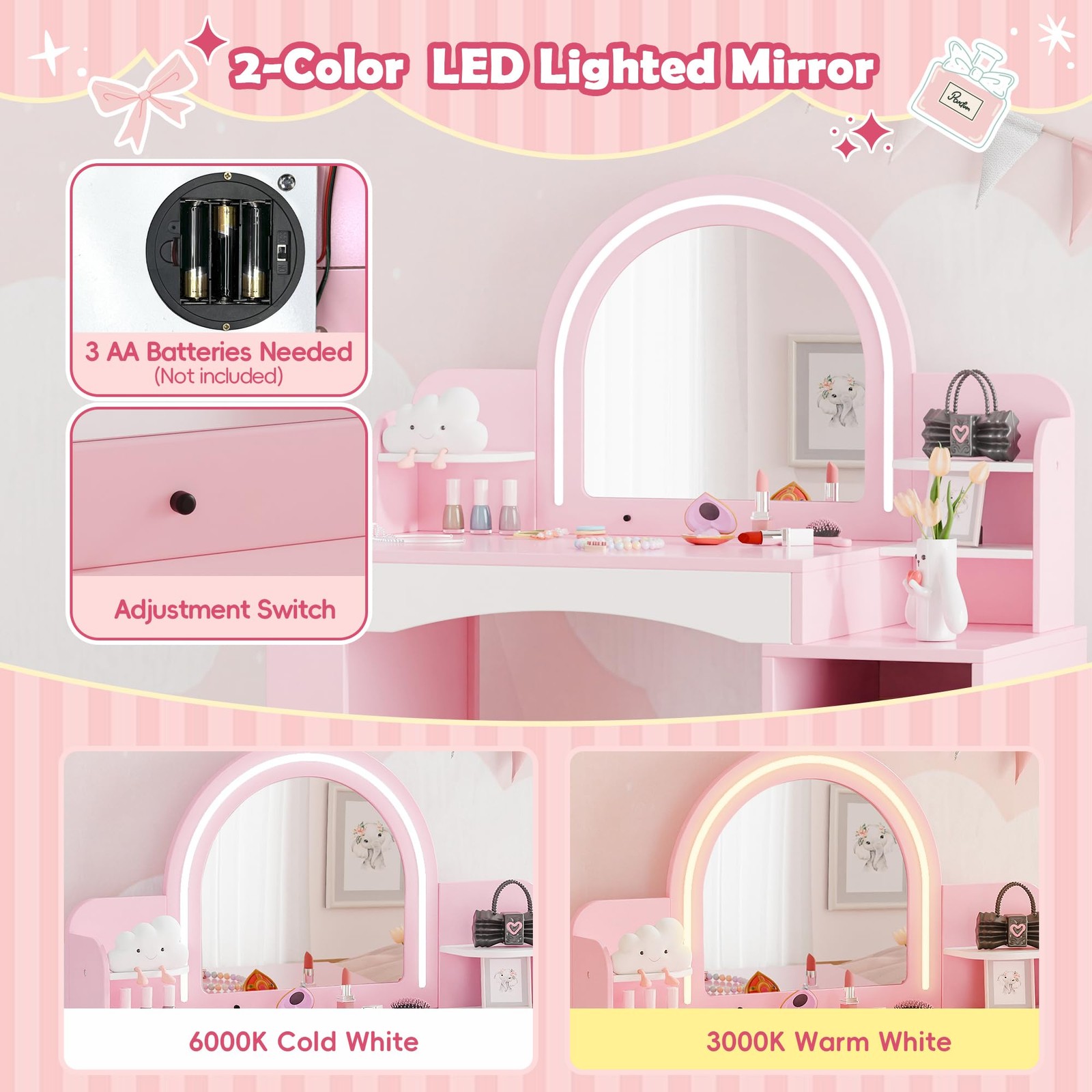 Kids Vanity Lights Princess Makeup Desk 2in1 Table Chair Set Lighted Mirror Pink
