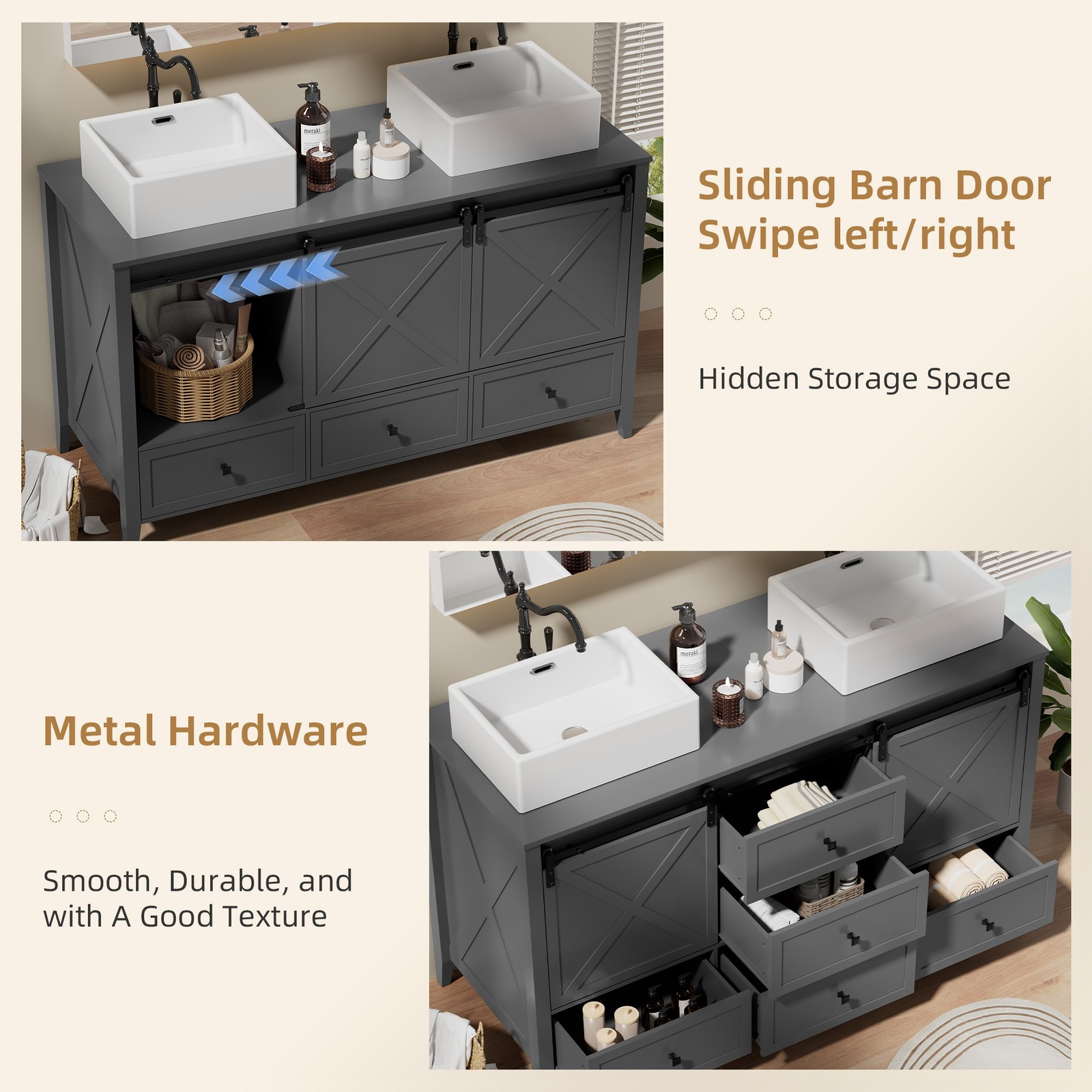 60-inch Grey Bathroom Vanity with Ceramic Sink Combo Abundant Storage Cabinet US