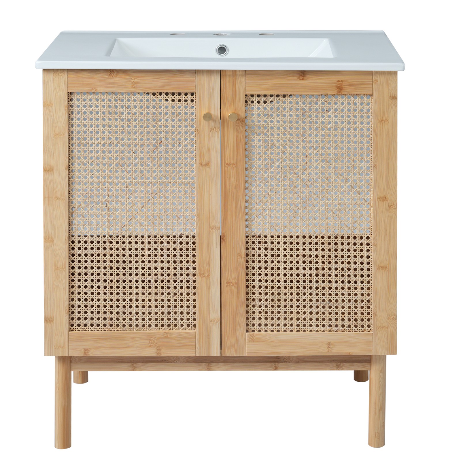 30″ Bathroom Vanity with Rattan Doors, Ceramic Basin, Soft-Close