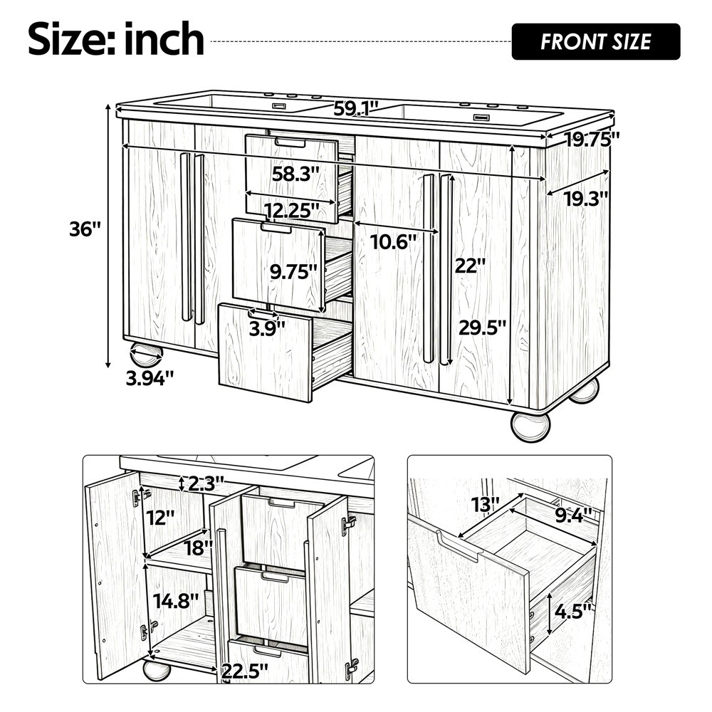 59″ Bathroom Vanity w/Double Sink,Freestanding Vanity Cabinet, 3 Drawers, 4 Door