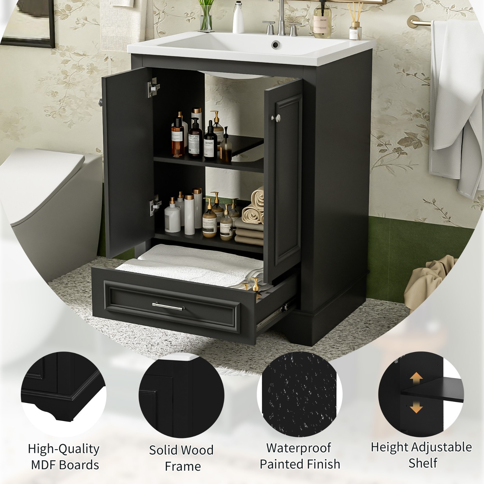 24″ Bathroom Vanity With Ceramic Sink Storage Cabinet Drawer Soft-Closing Doors